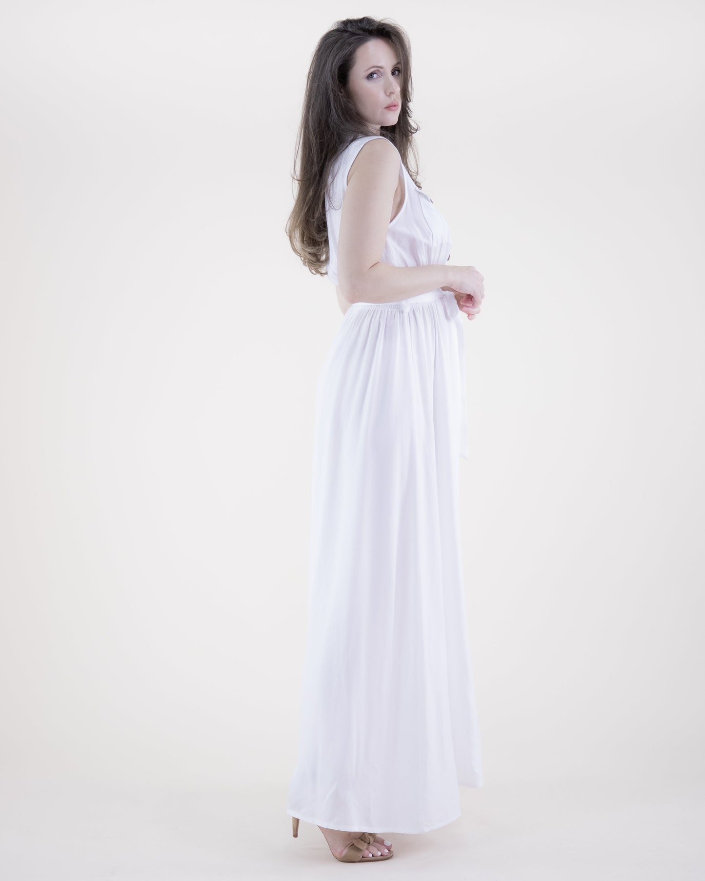 Breezy Sleeveless Button Front Pockets Maxi Dress