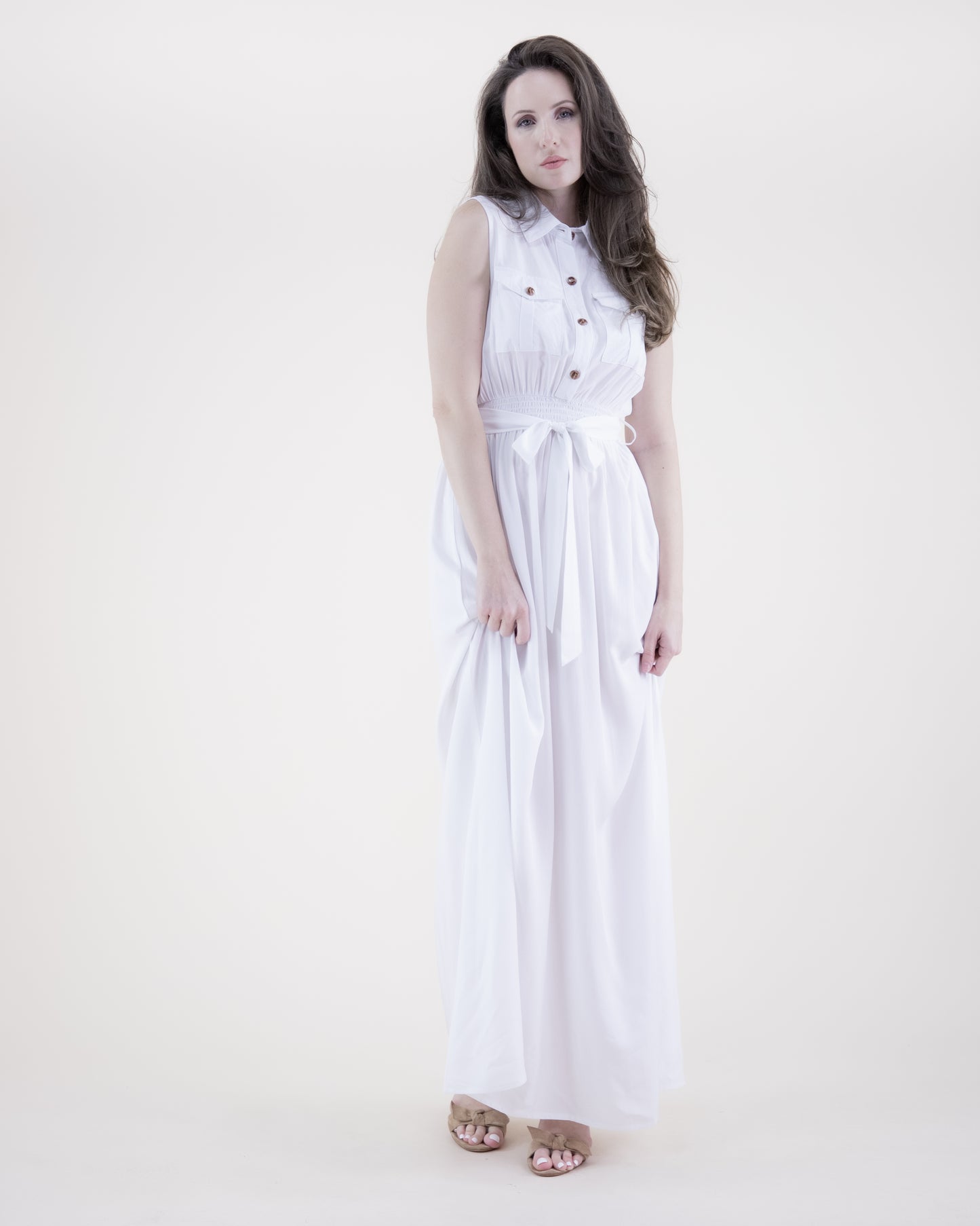 Breezy Sleeveless Button Front Pockets Maxi Dress