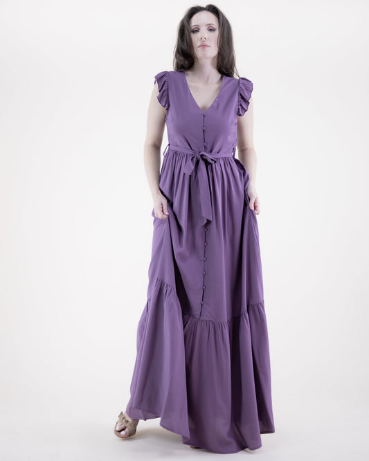 Breezy Butterfly Sleeve Button Front Tiered Midi Dress