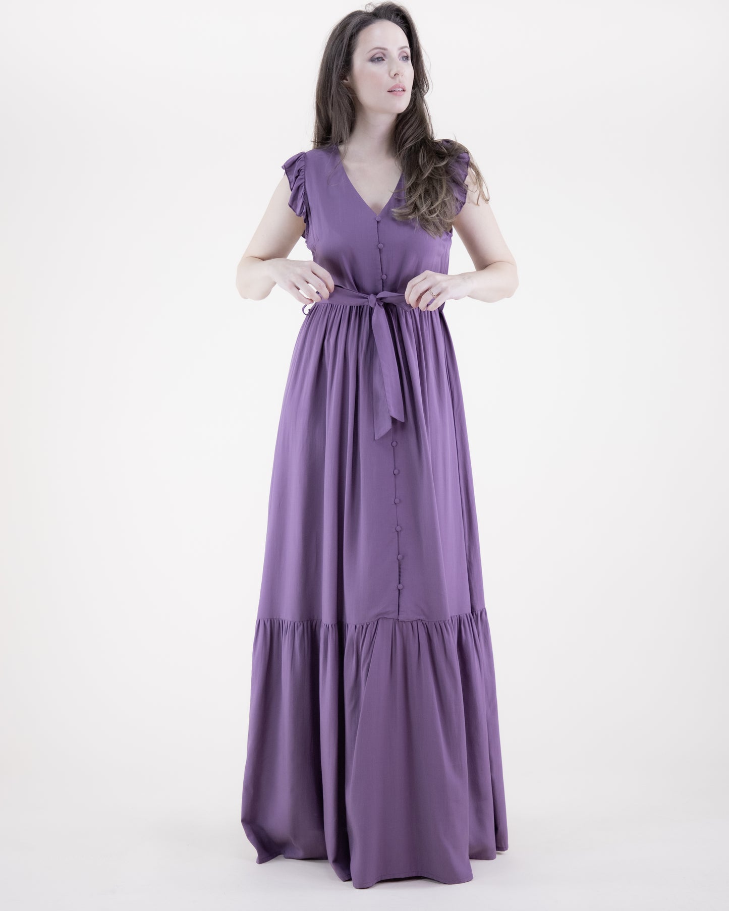 Breezy Butterfly Sleeve Button Front Tiered Midi Dress
