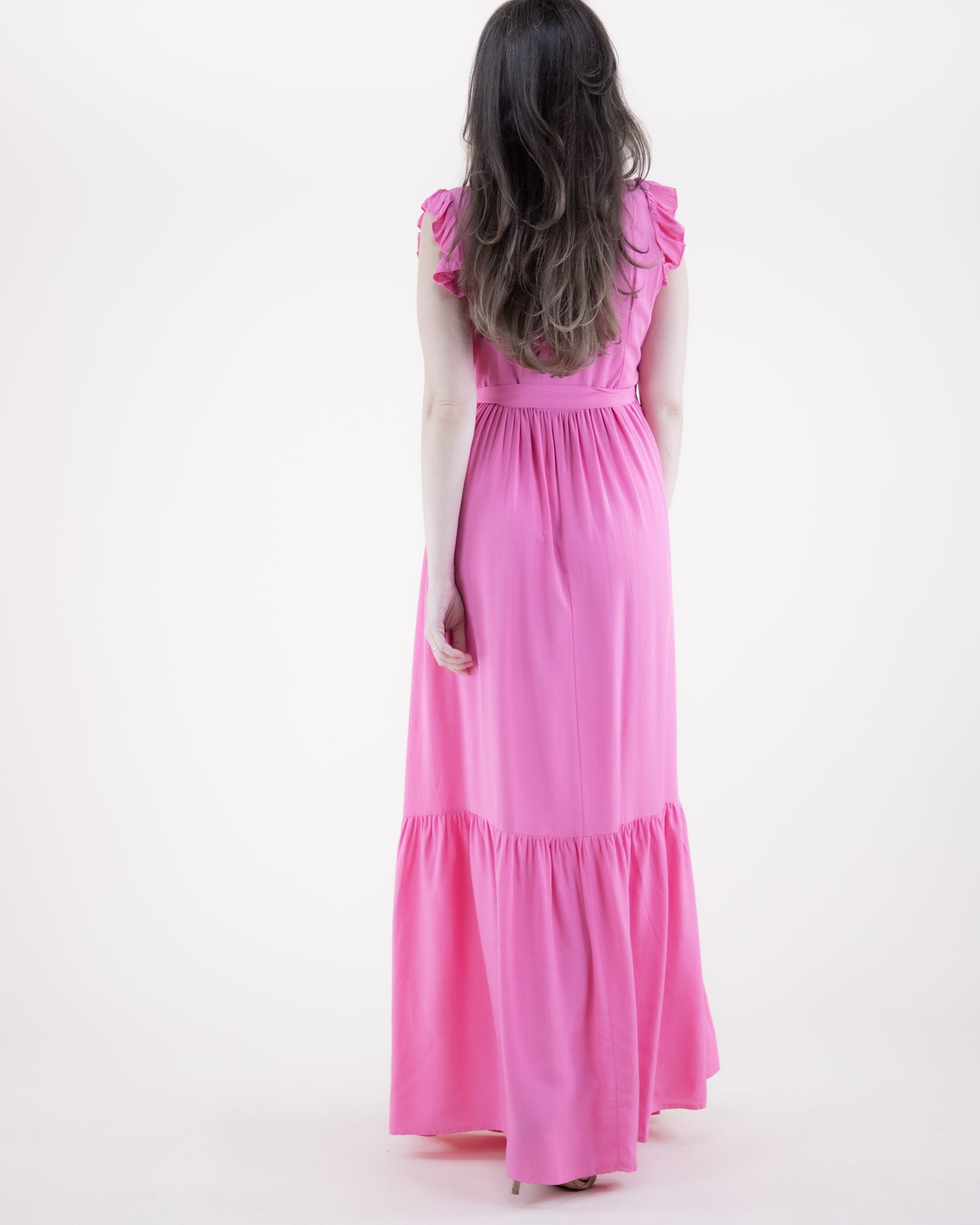 Breezy Butterfly Sleeve Button Front Tiered Midi Dress
