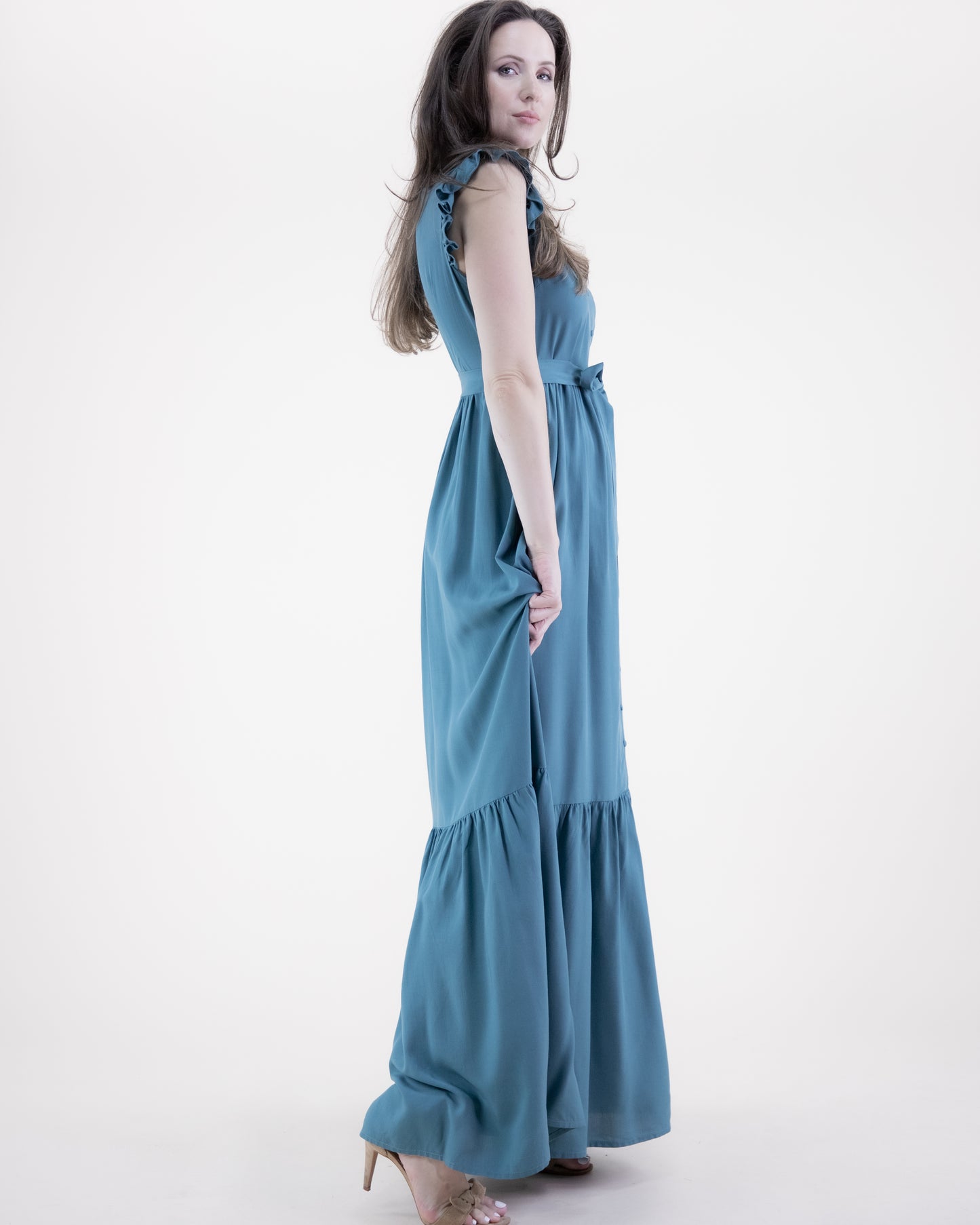 Breezy Butterfly Sleeve Button Front Tiered Midi Dress