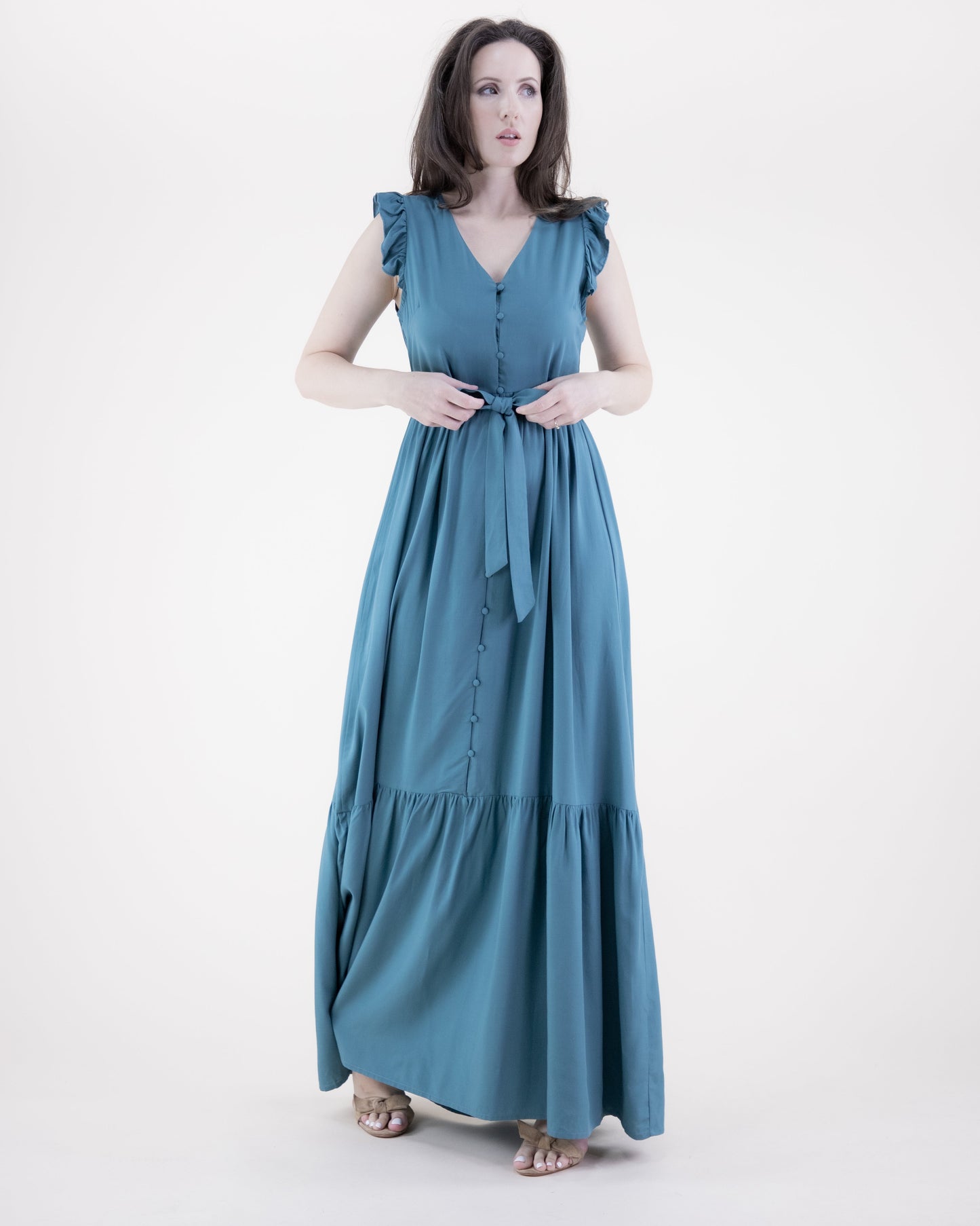 Breezy Butterfly Sleeve Button Front Tiered Midi Dress