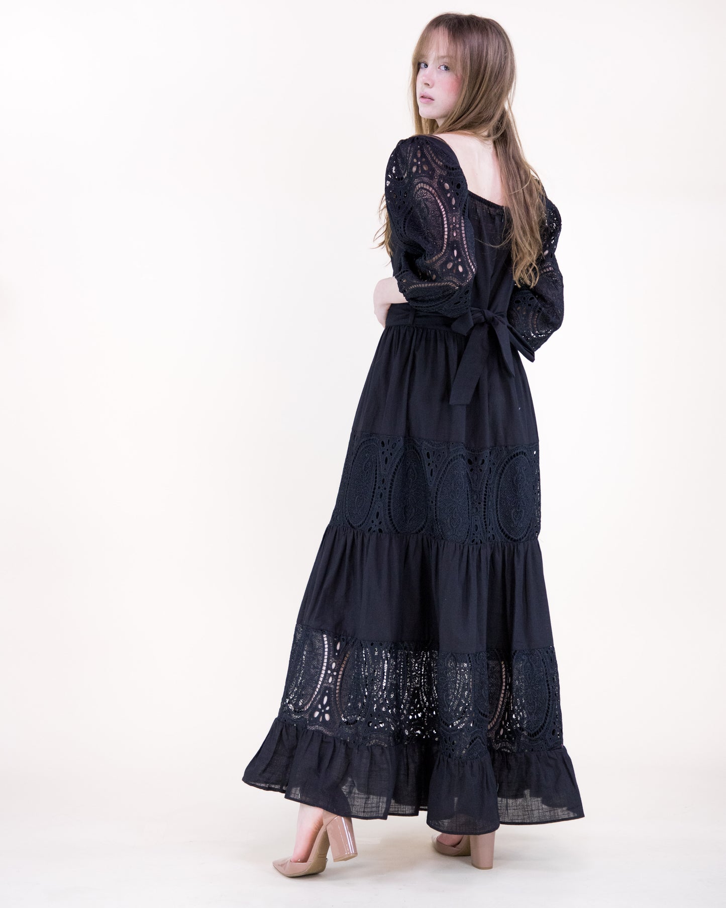 Garden Flora Lace Blouson Sleeve Maxi Dress