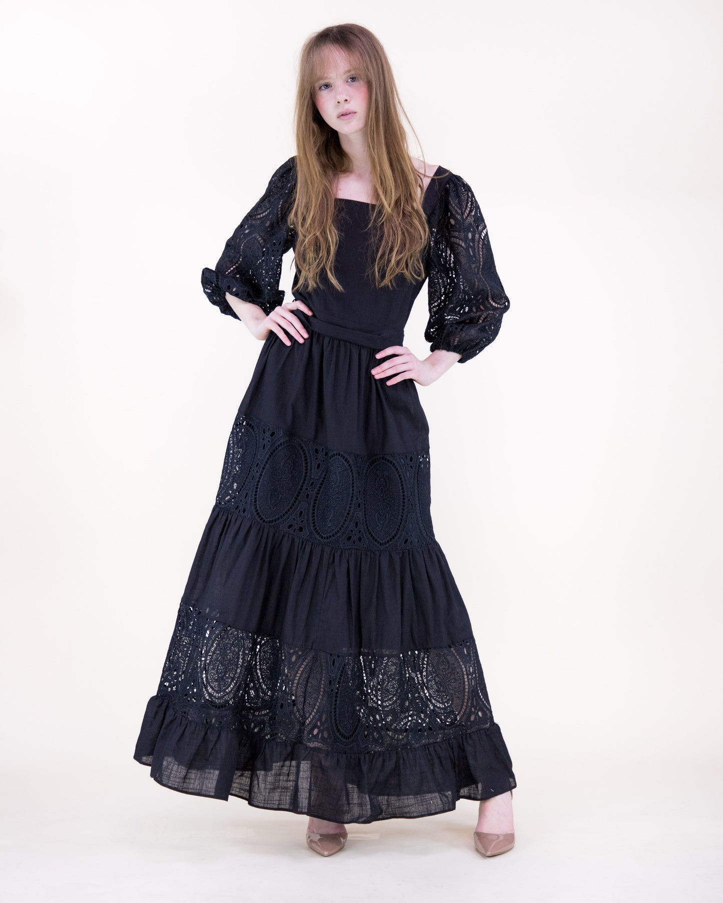 Garden Flora Lace Blouson Sleeve Maxi Dress