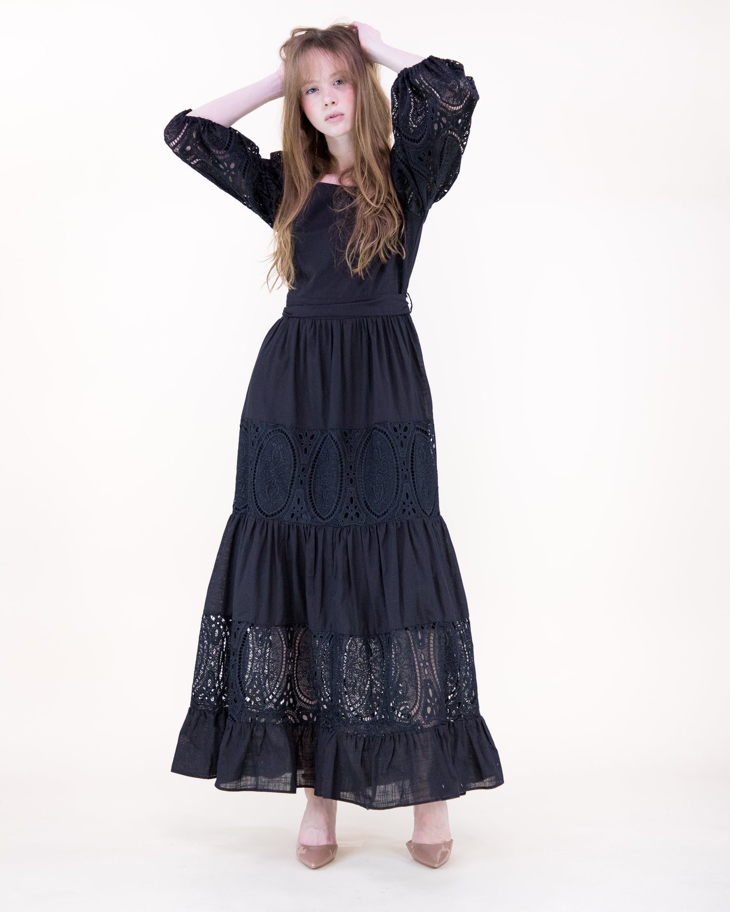 Garden Flora Lace Blouson Sleeve Maxi Dress