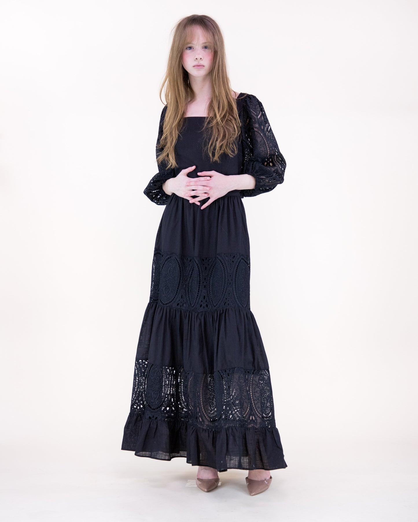 Garden Flora Lace Blouson Sleeve Maxi Dress
