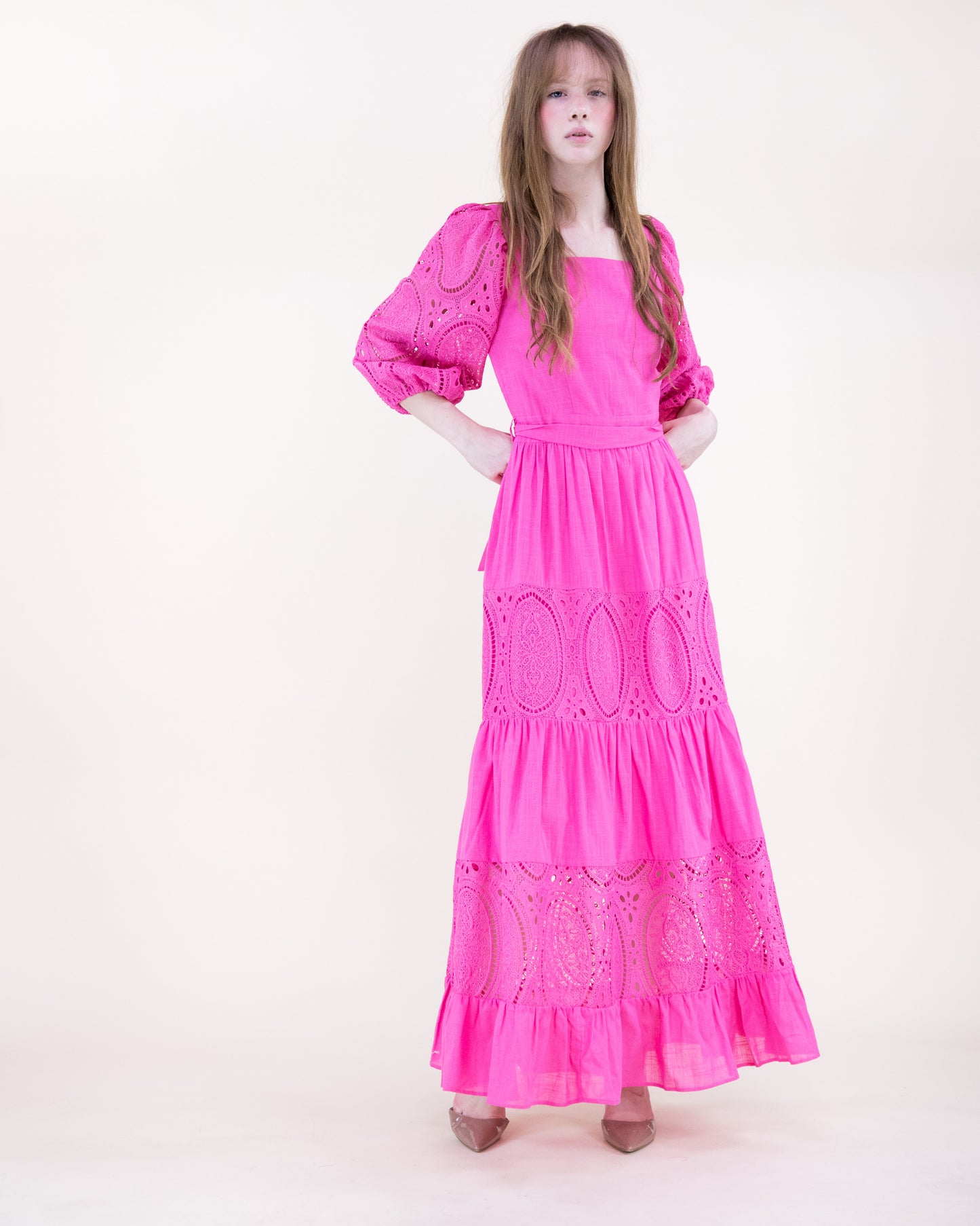 Garden Flora Lace Blouson Sleeve Maxi Dress
