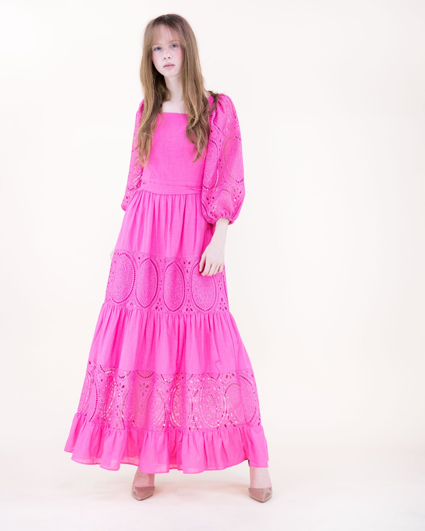 Garden Flora Lace Blouson Sleeve Maxi Dress