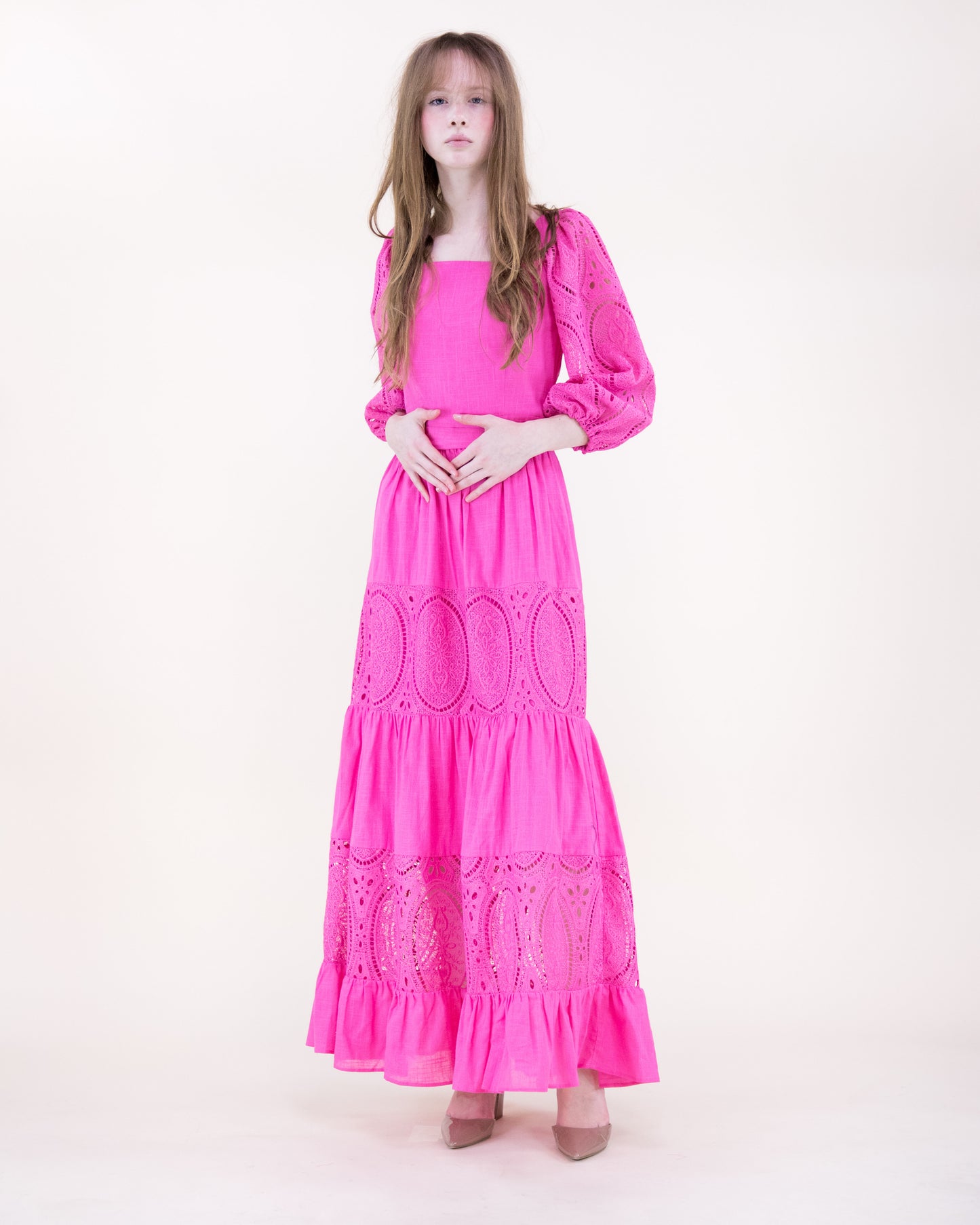 Garden Flora Lace Blouson Sleeve Maxi Dress