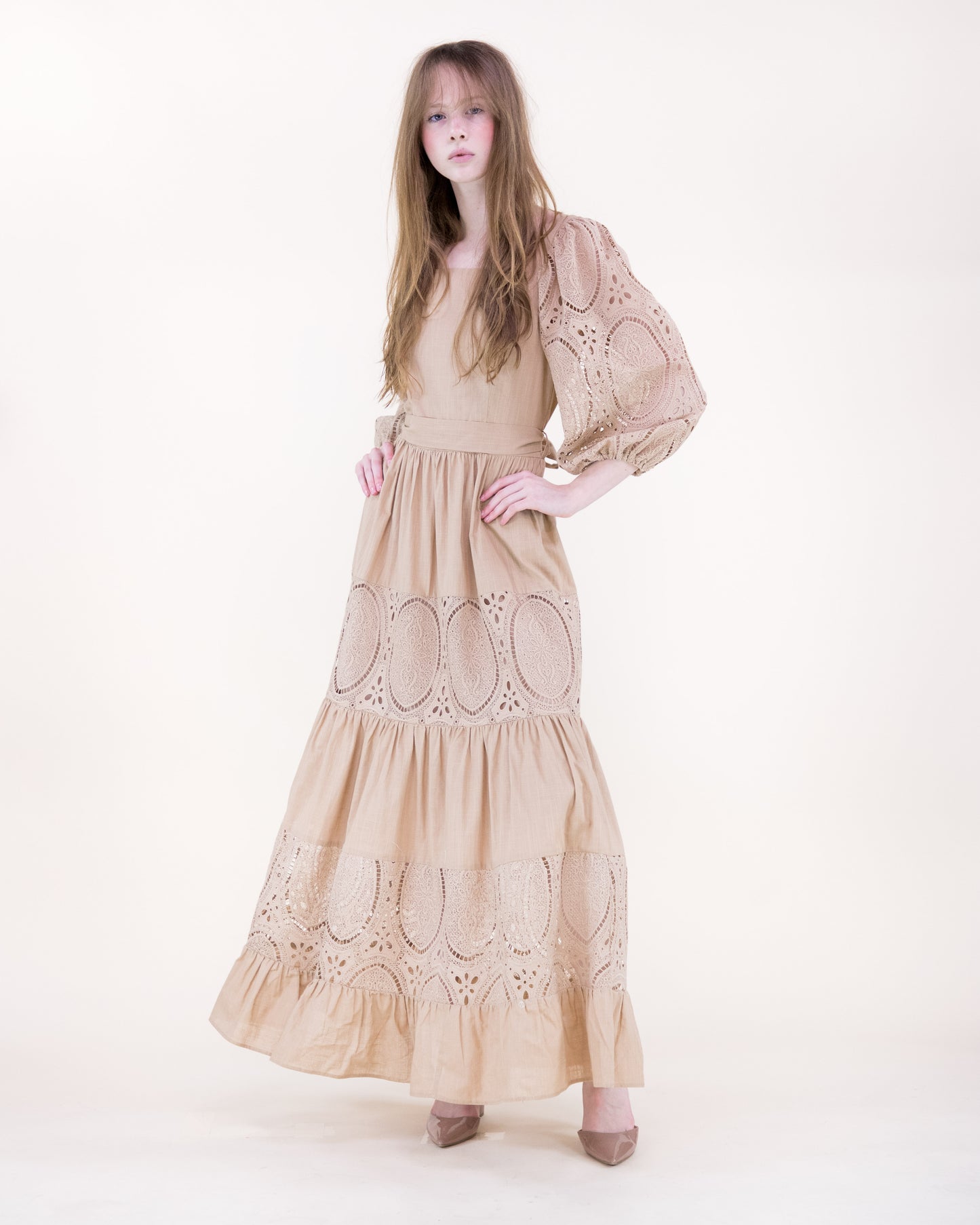 Garden Flora Lace Blouson Sleeve Maxi Dress