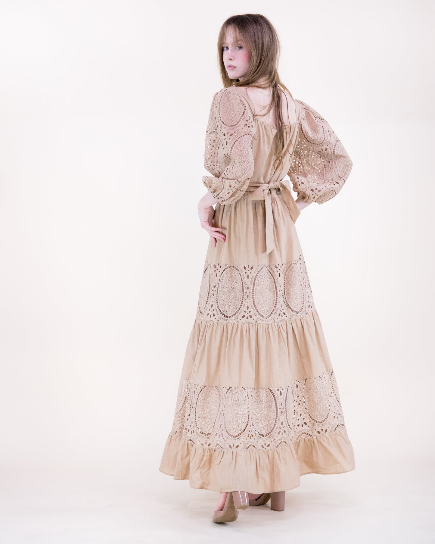 Garden Flora Lace Blouson Sleeve Maxi Dress