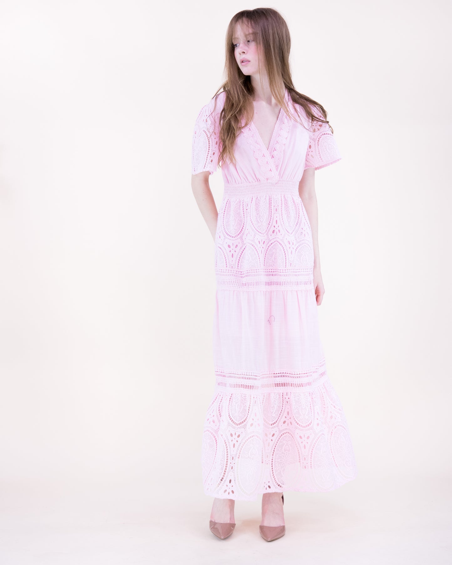 Garden Flora Lace Surplice Butterfly Sleeve Maxi Dress