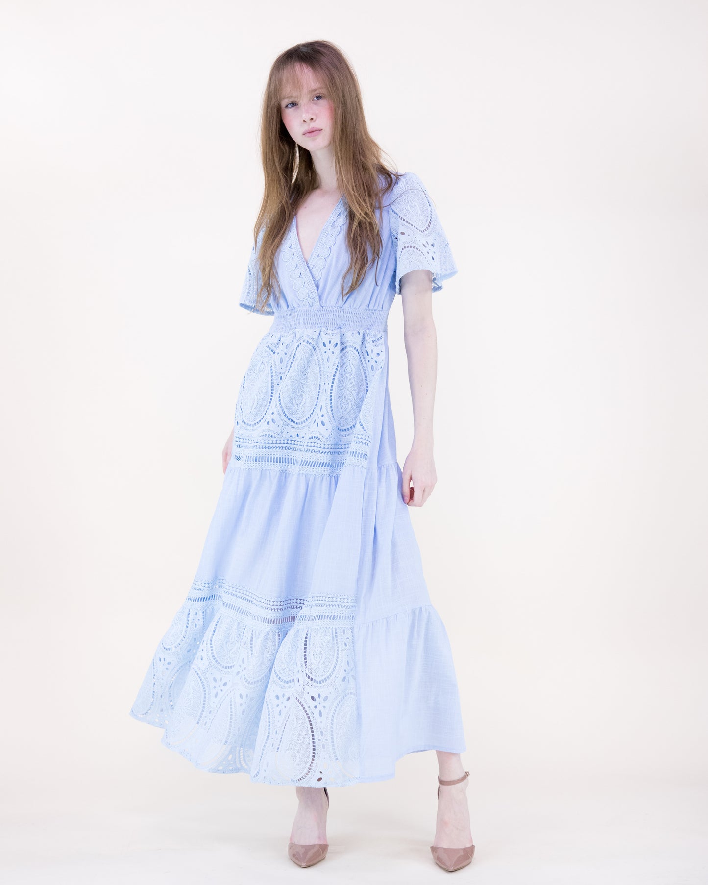 Garden Flora Lace Surplice Butterfly Sleeve Maxi Dress