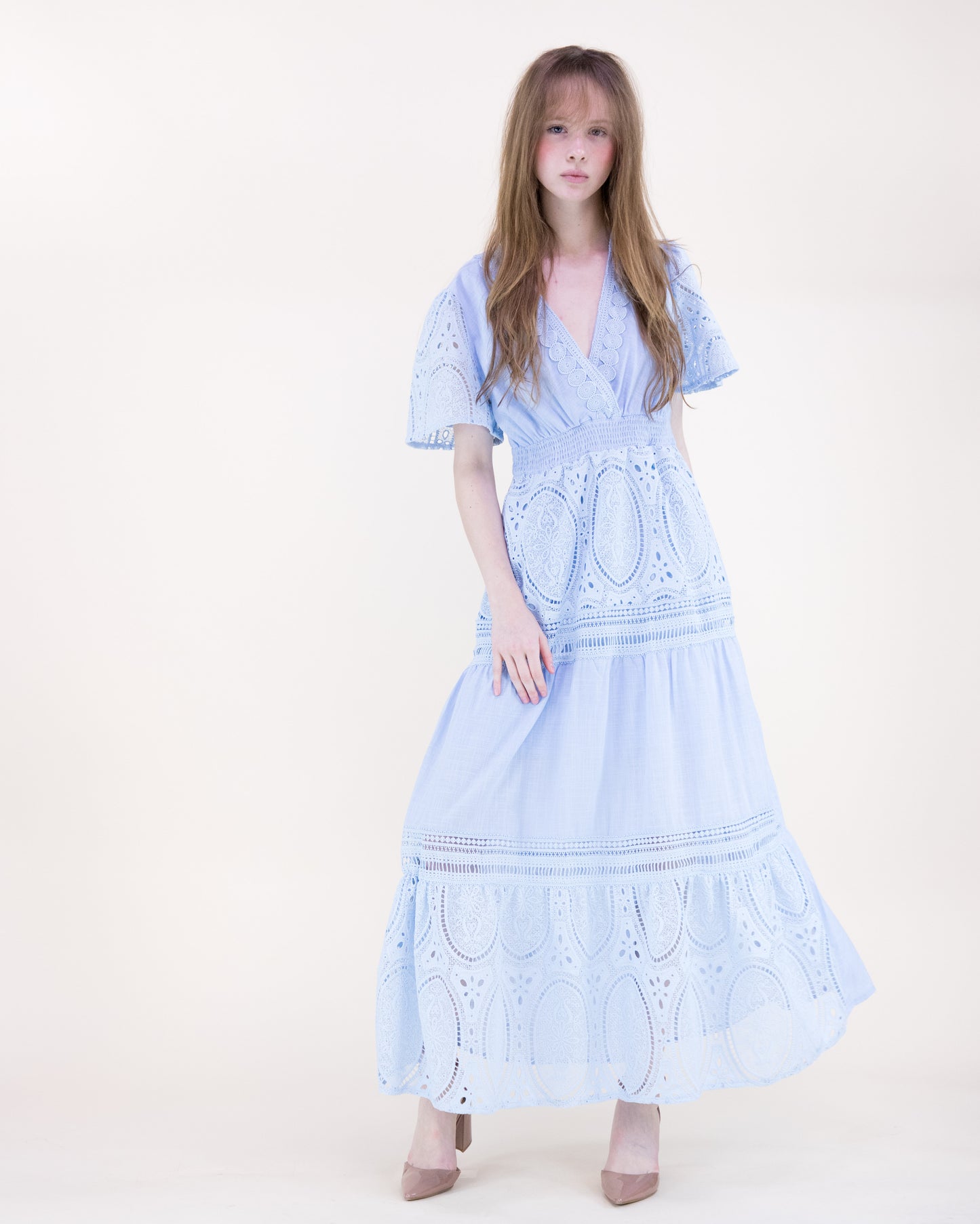 Garden Flora Lace Surplice Butterfly Sleeve Maxi Dress