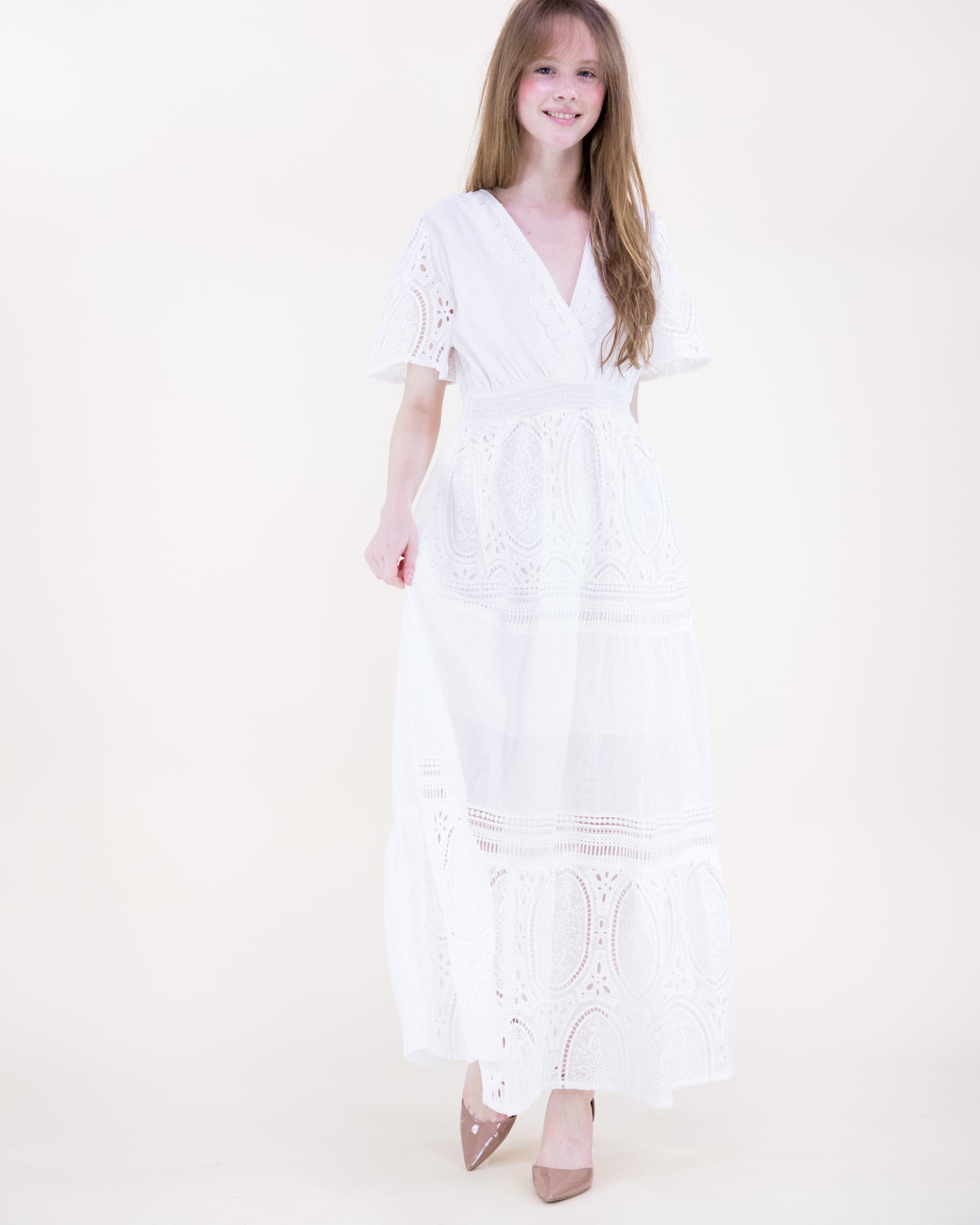 Garden Flora Lace Surplice Butterfly Sleeve Maxi Dress