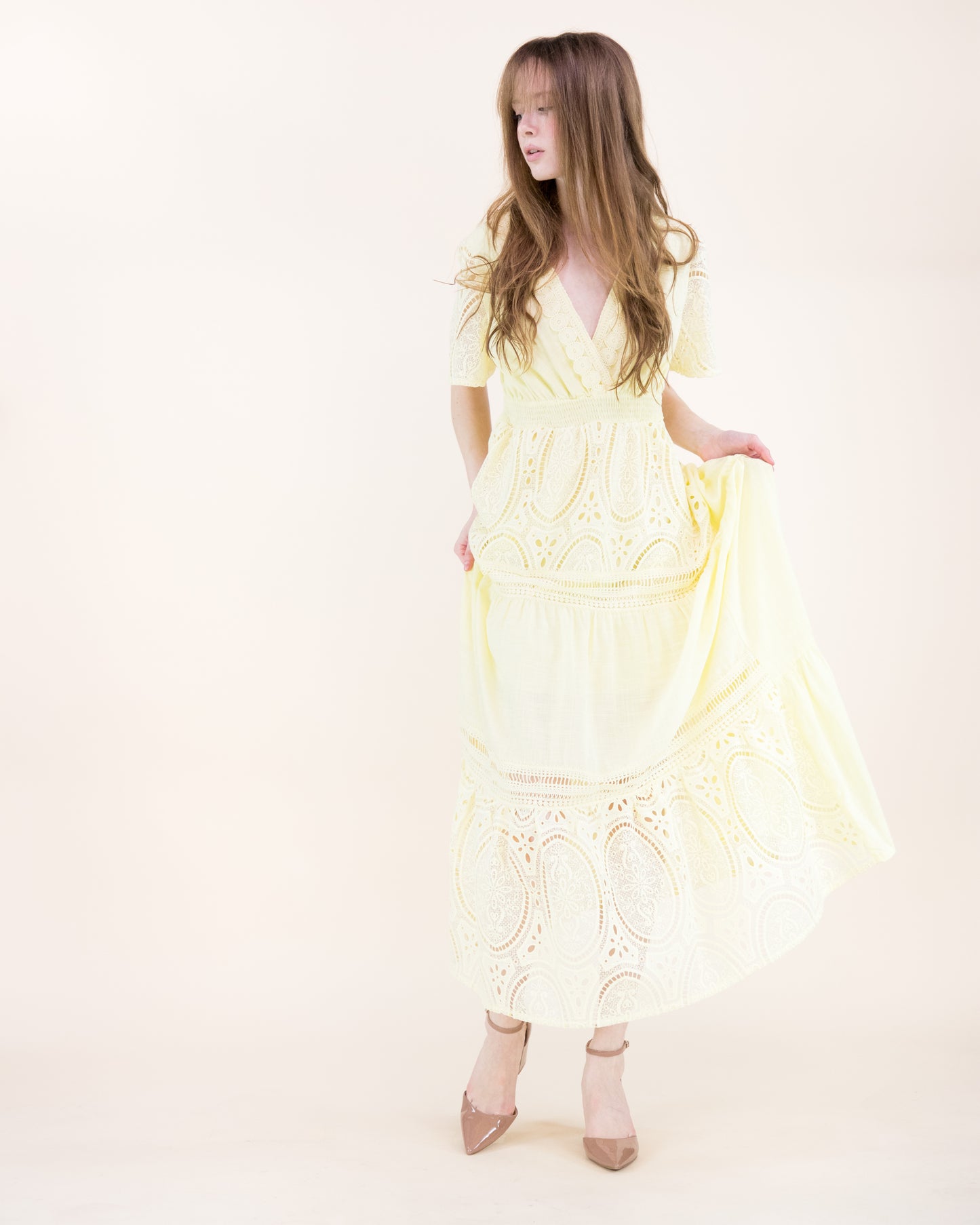 Garden Flora Lace Surplice Butterfly Sleeve Maxi Dress