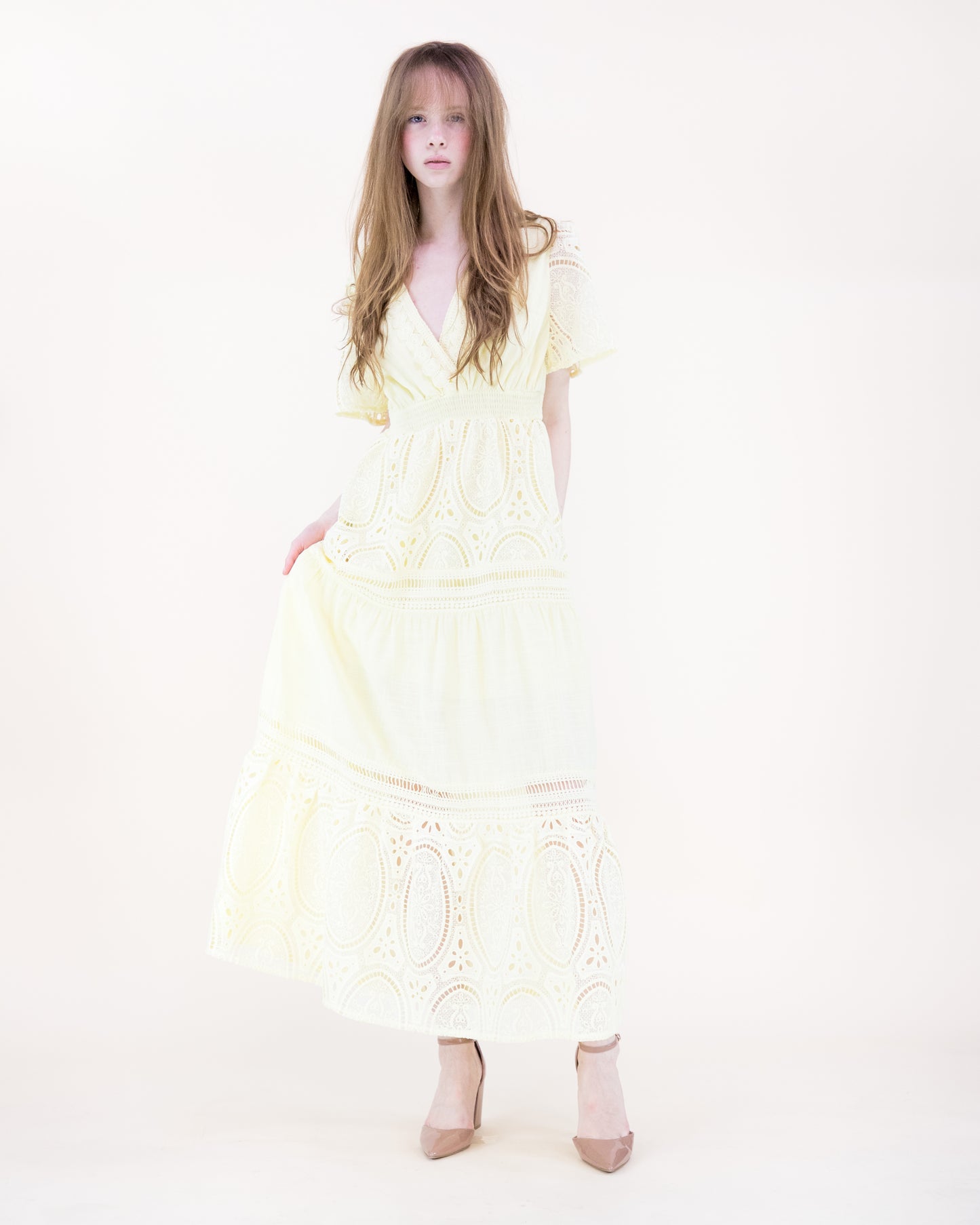 Garden Flora Lace Surplice Butterfly Sleeve Maxi Dress