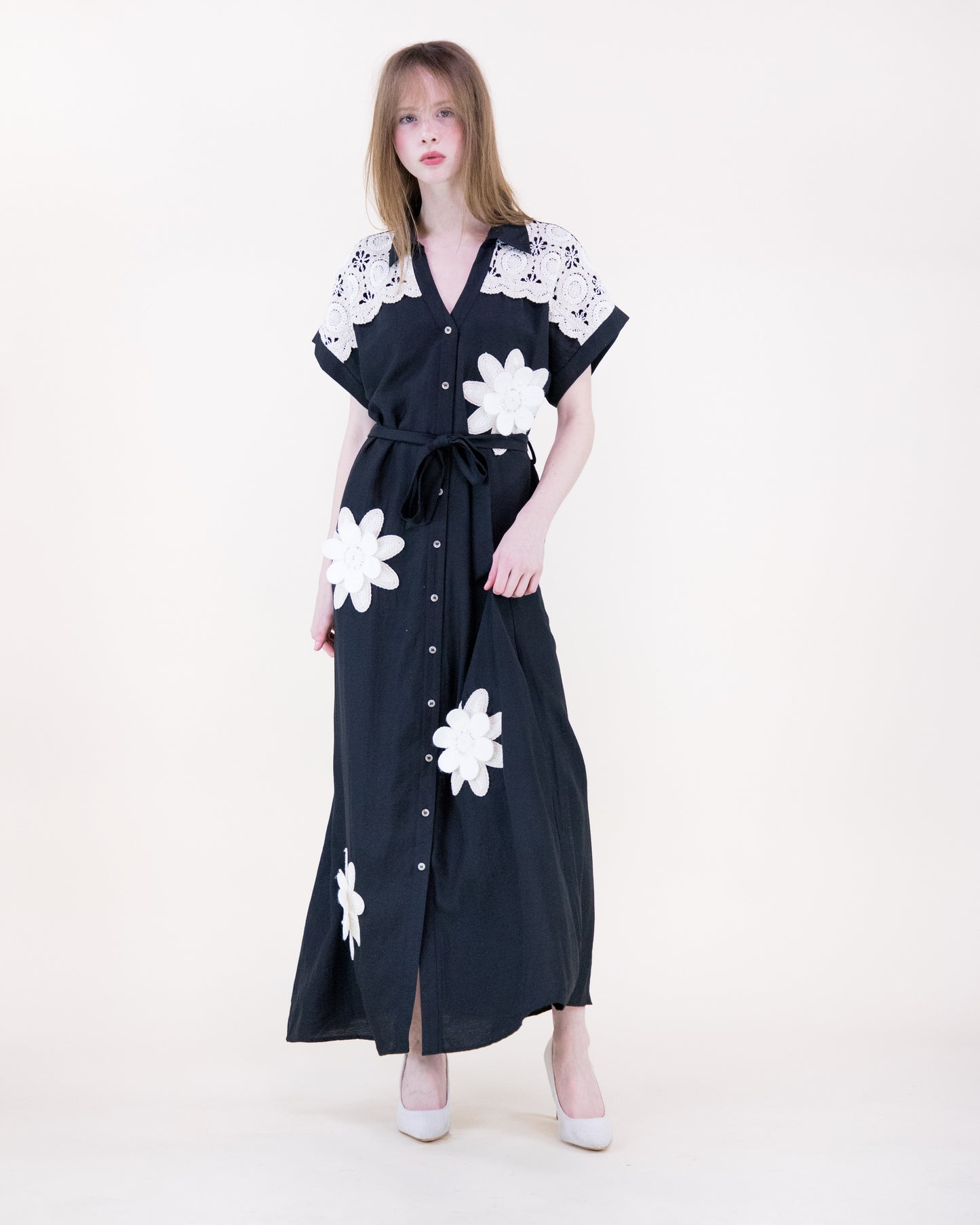 Magnolia Flower Appliqué Belted Maxi Shirt Dress