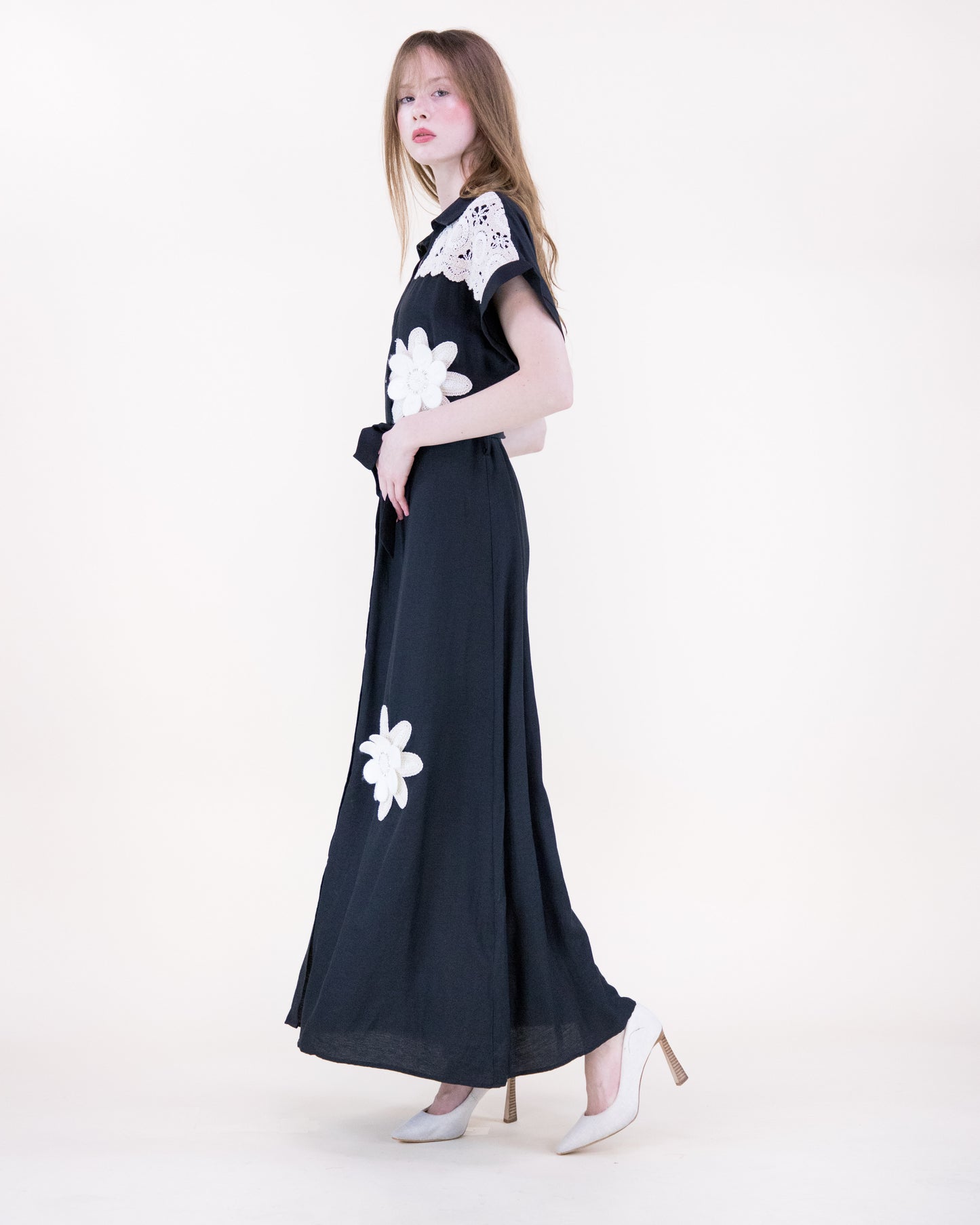 Magnolia Flower Appliqué Belted Maxi Shirt Dress