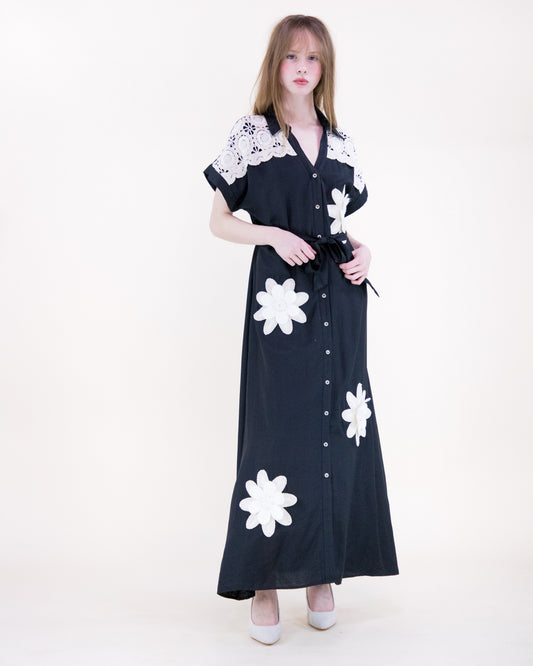 Magnolia Flower Appliqué Belted Maxi Shirt Dress