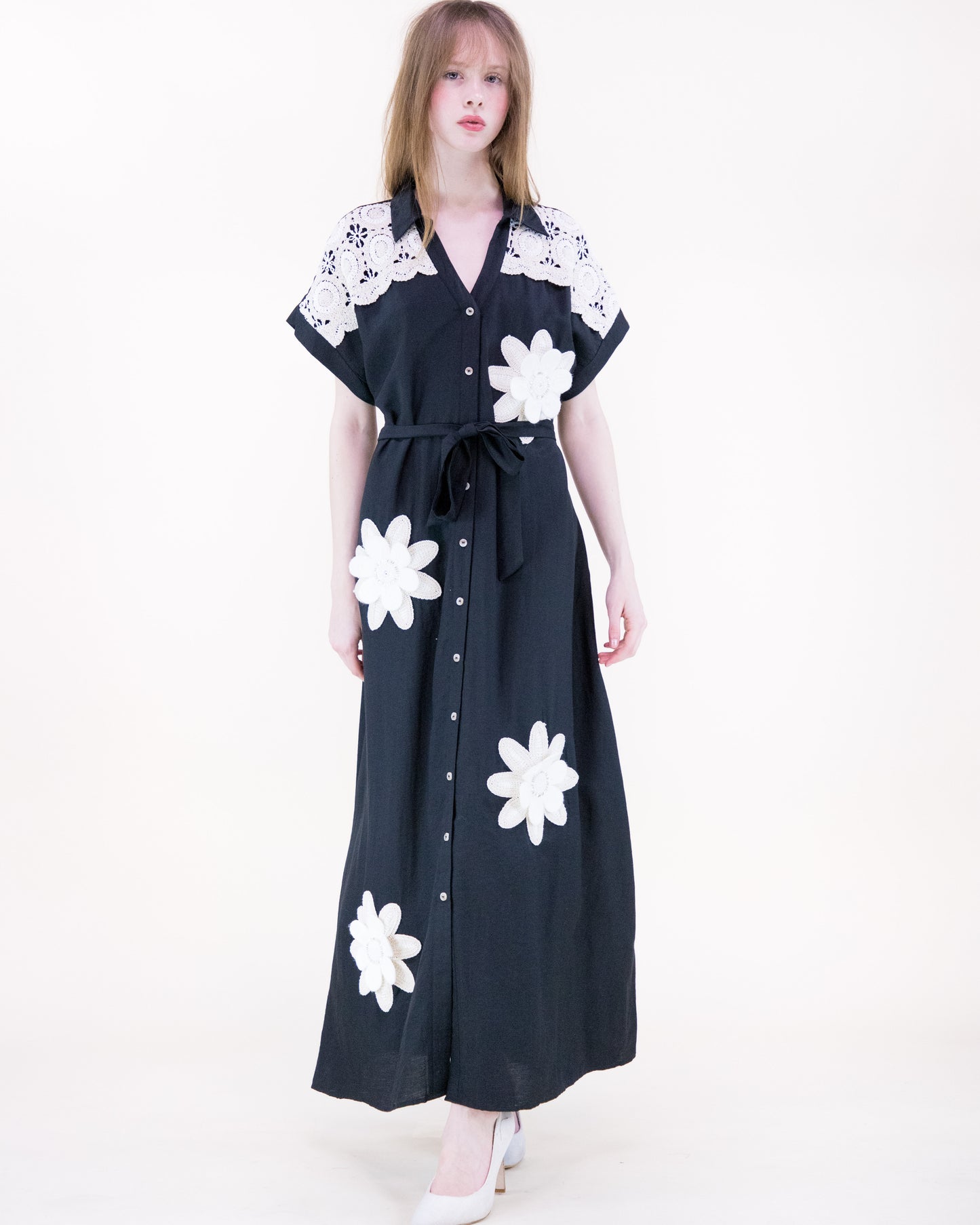 Magnolia Flower Appliqué Belted Maxi Shirt Dress