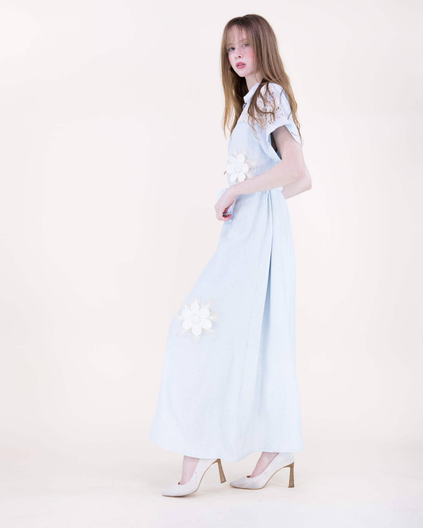 Magnolia Flower Appliqué Belted Maxi Shirt Dress
