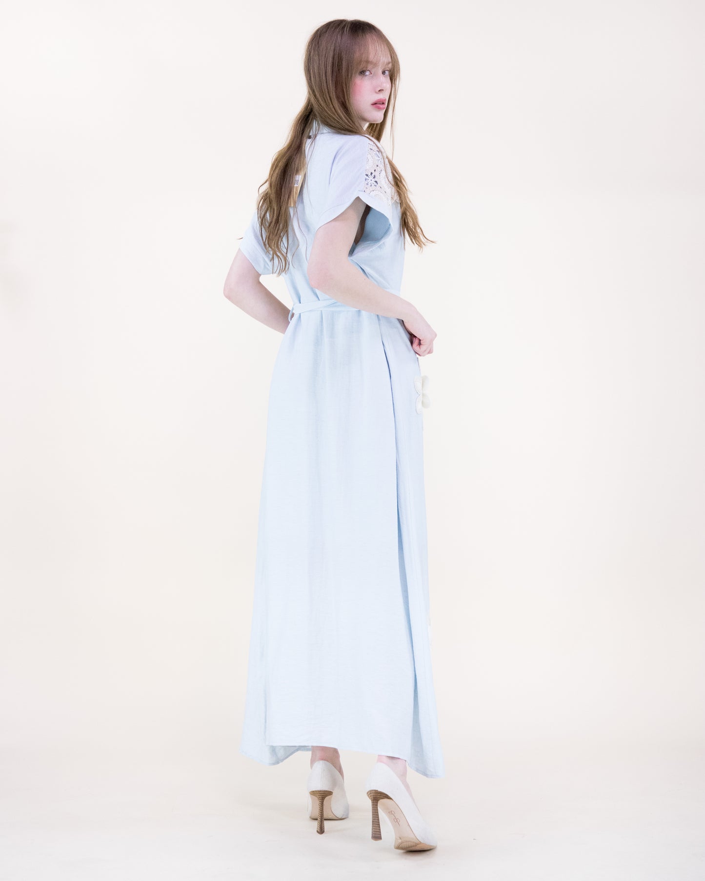 Magnolia Flower Appliqué Belted Maxi Shirt Dress