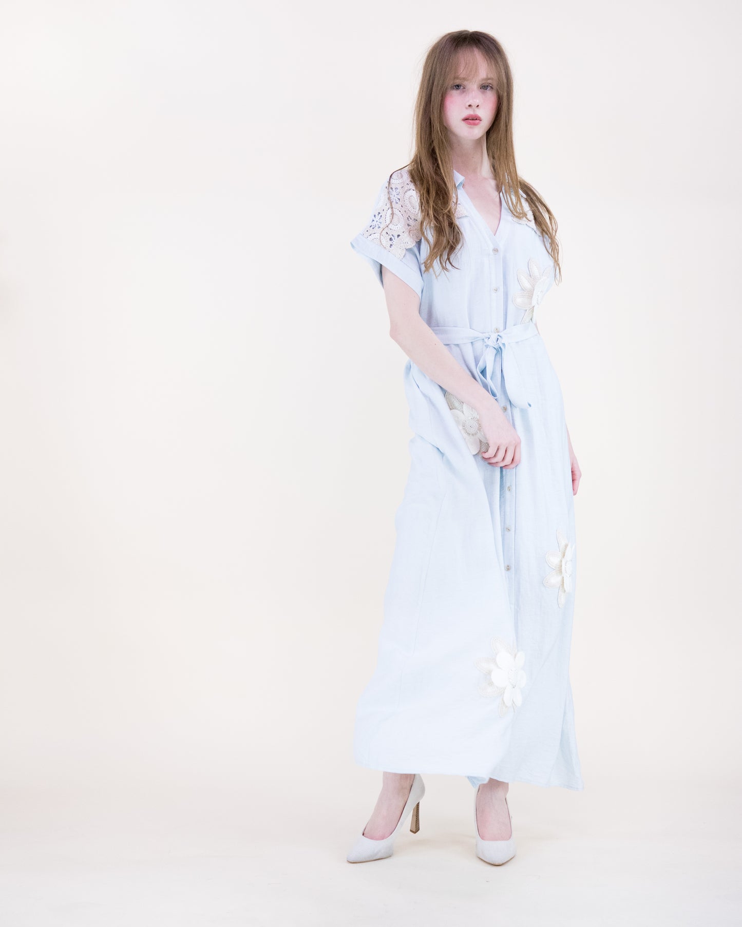 Magnolia Flower Appliqué Belted Maxi Shirt Dress