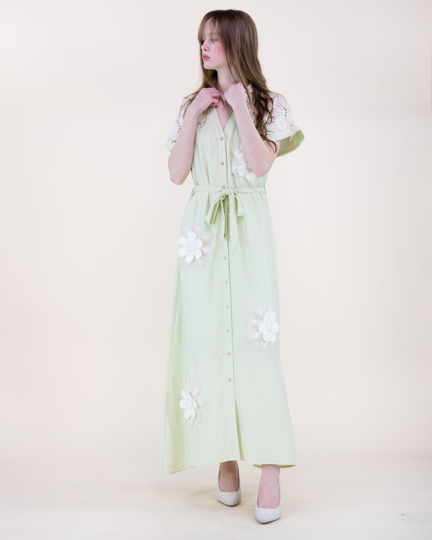 Magnolia Flower Appliqué Belted Maxi Shirt Dress