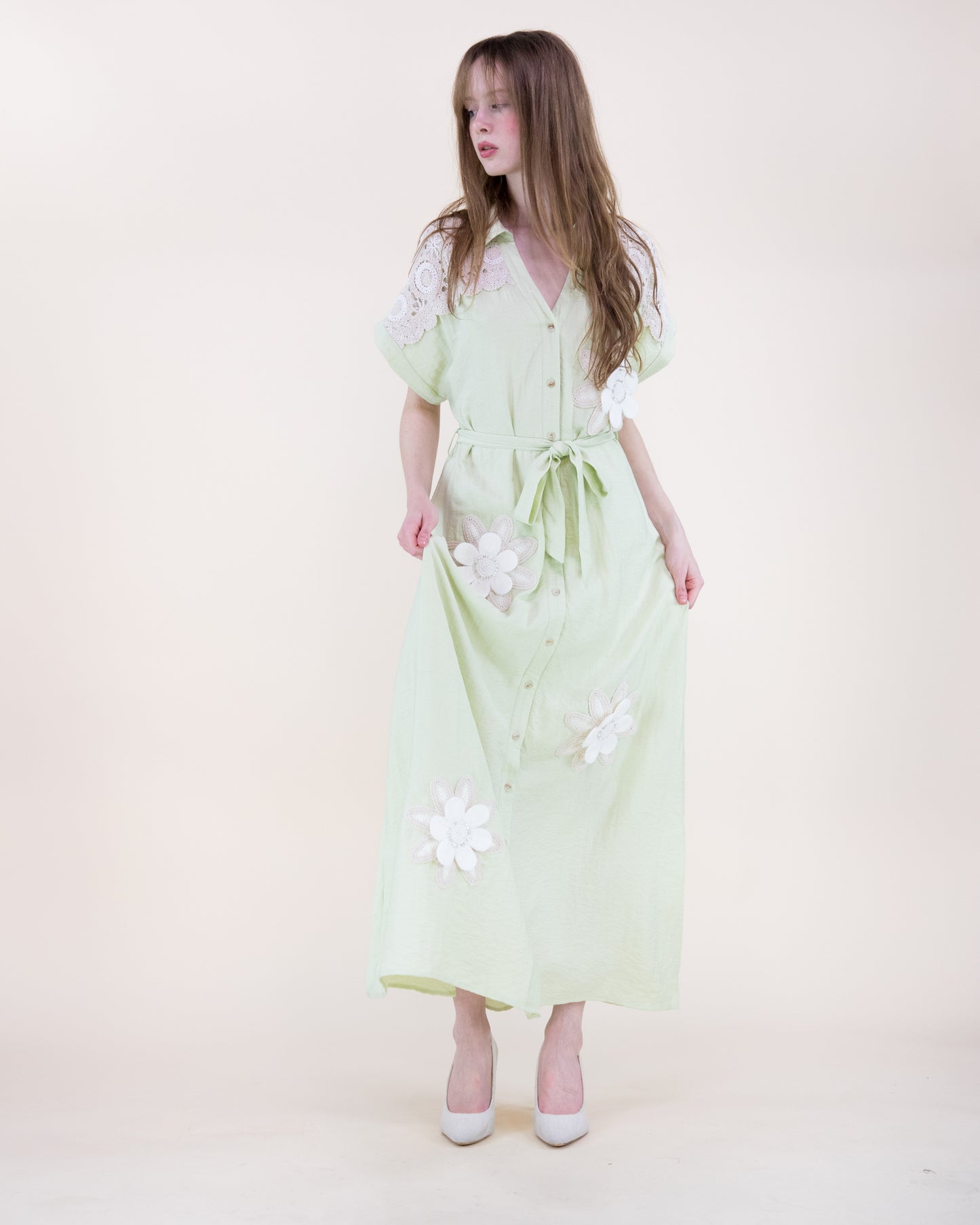 Magnolia Flower Appliqué Belted Maxi Shirt Dress