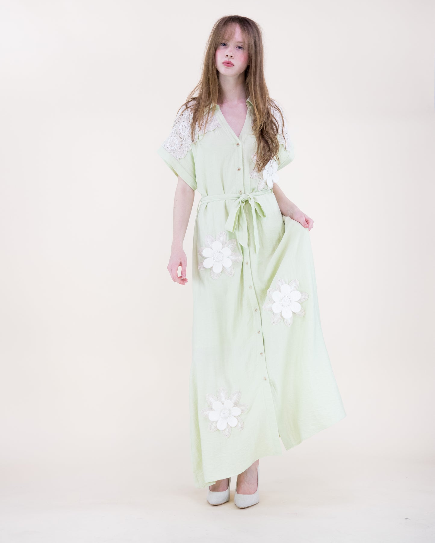 Magnolia Flower Appliqué Belted Maxi Shirt Dress