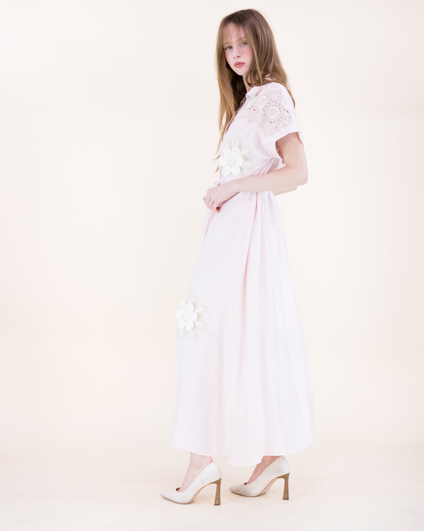 Magnolia Flower Appliqué Belted Maxi Shirt Dress