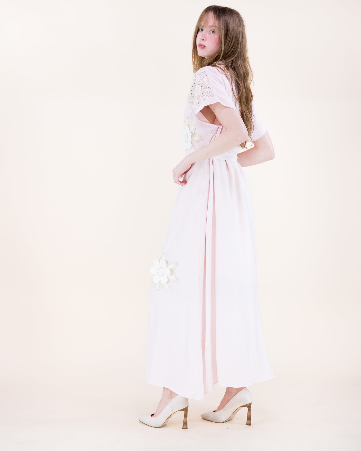 Magnolia Flower Appliqué Belted Maxi Shirt Dress