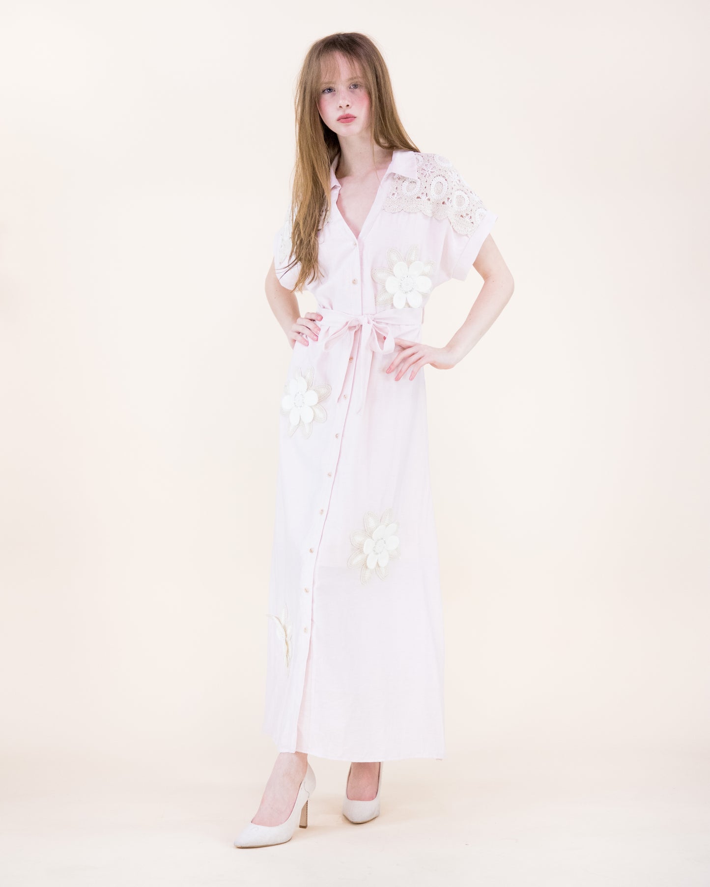 Magnolia Flower Appliqué Belted Maxi Shirt Dress