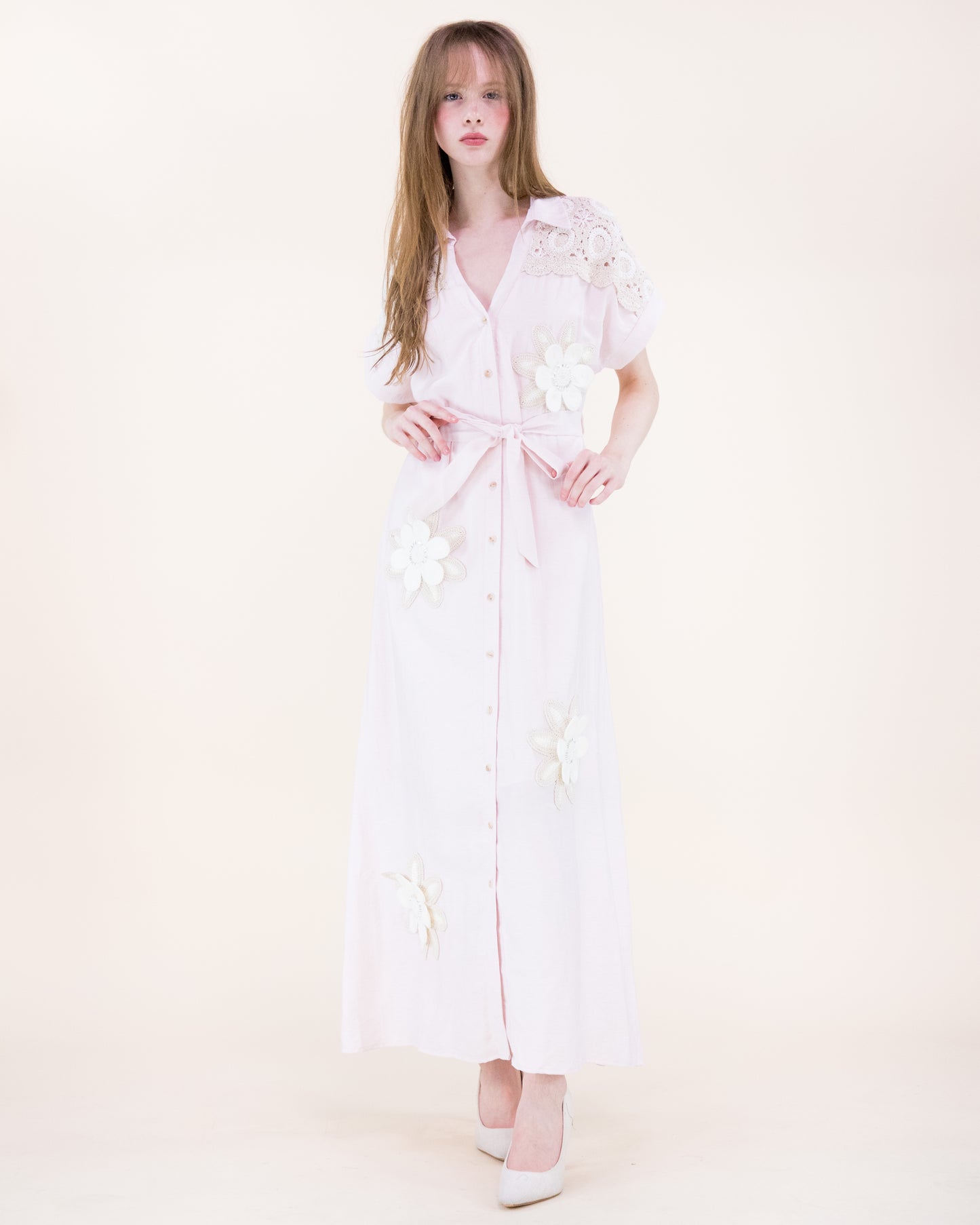 Magnolia Flower Appliqué Belted Maxi Shirt Dress