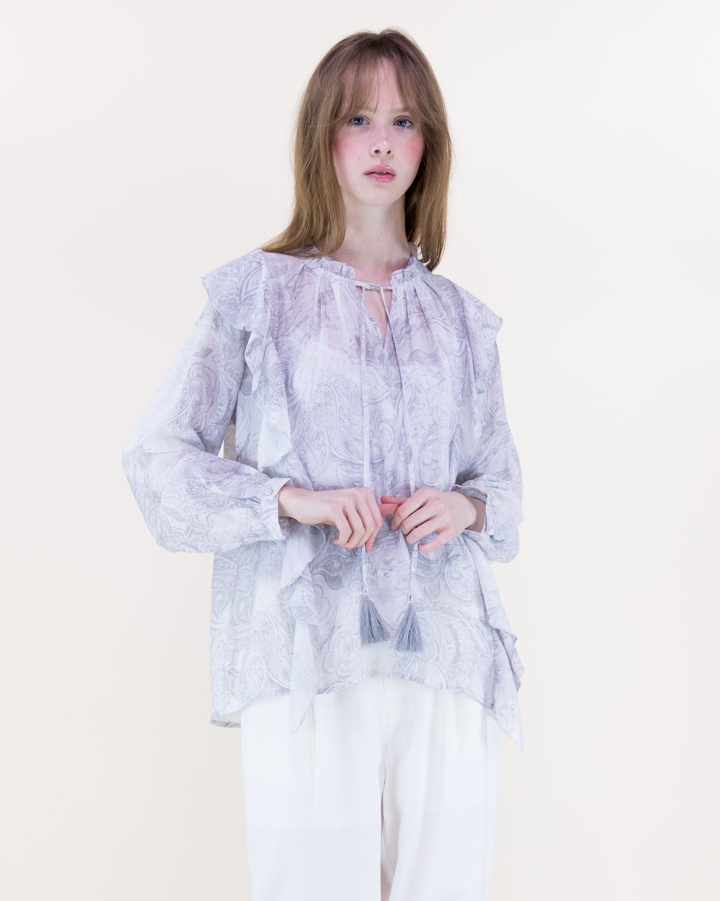Soft Petal Paisley Ruffle Blouse