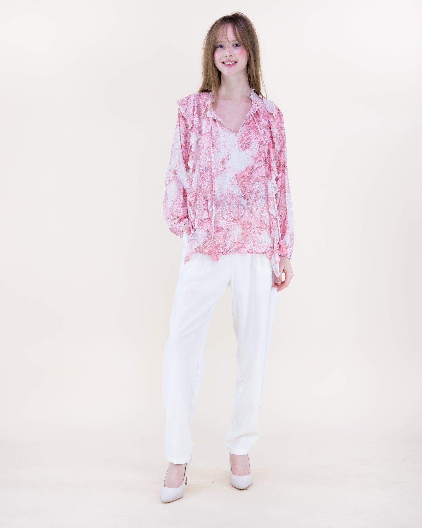 Soft Petal Paisley Ruffle Blouse