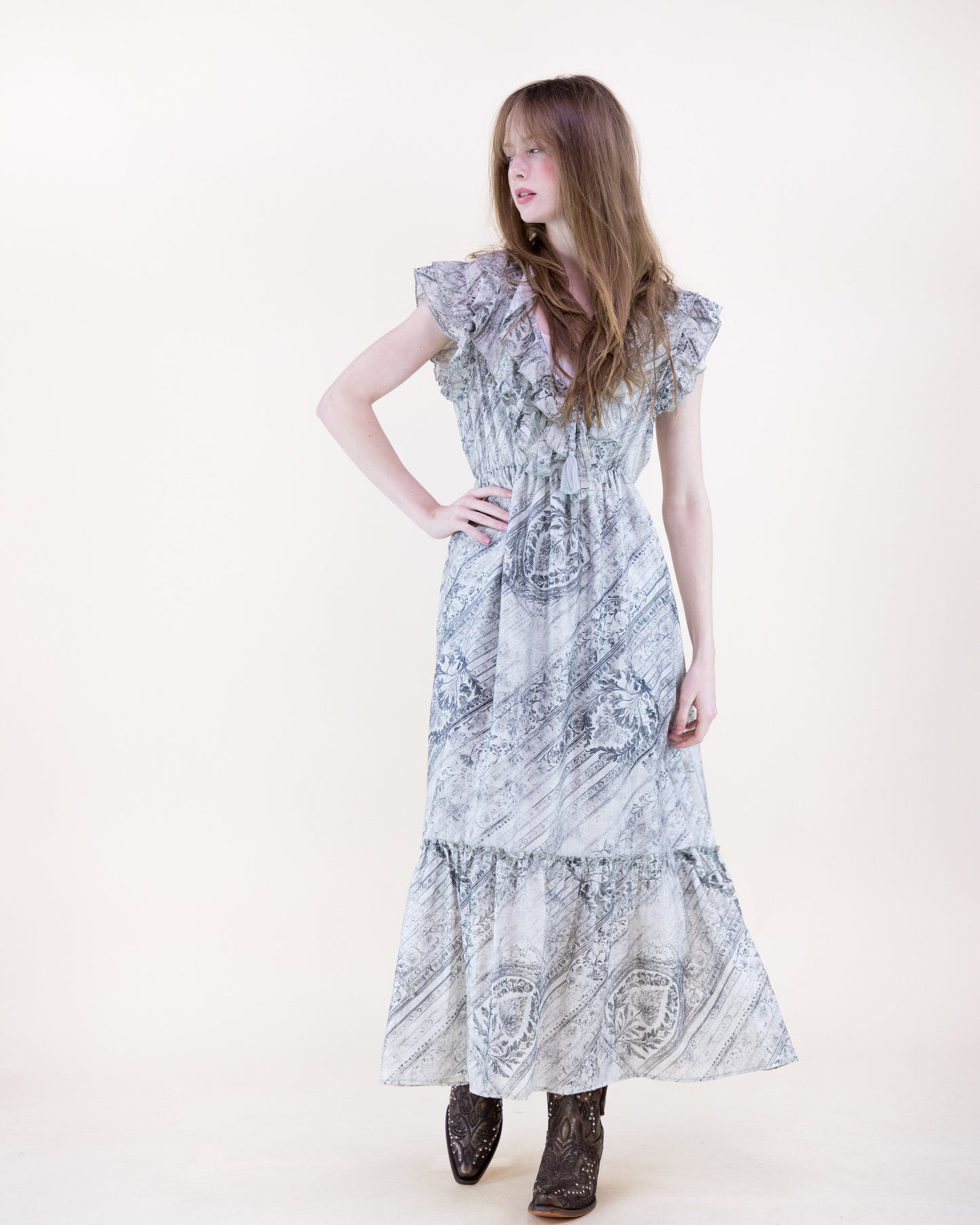 Vintage Boho Ruffle V-Neck Maxi Sundress