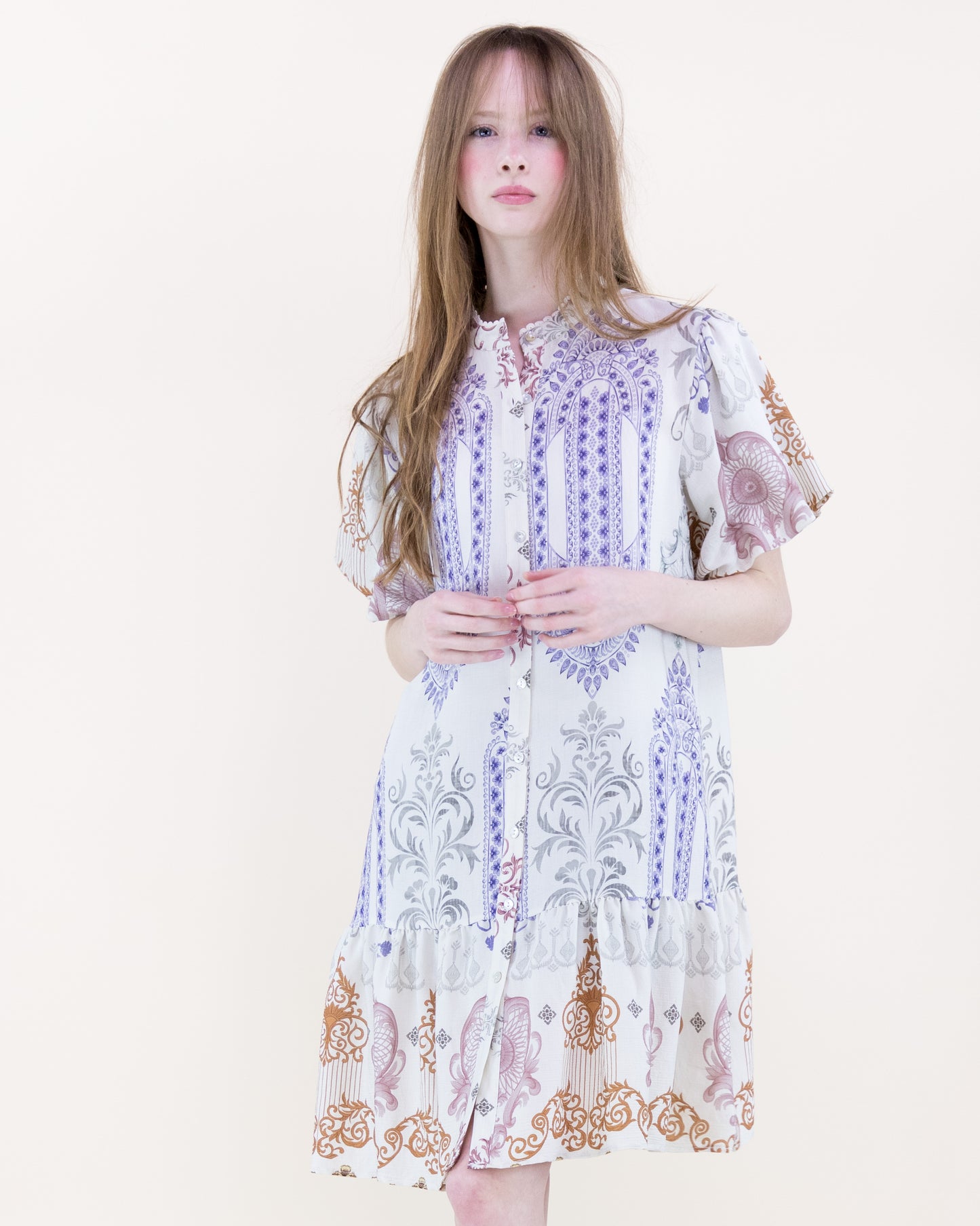 Bold Damask Puff Sleeve Midi Sundress