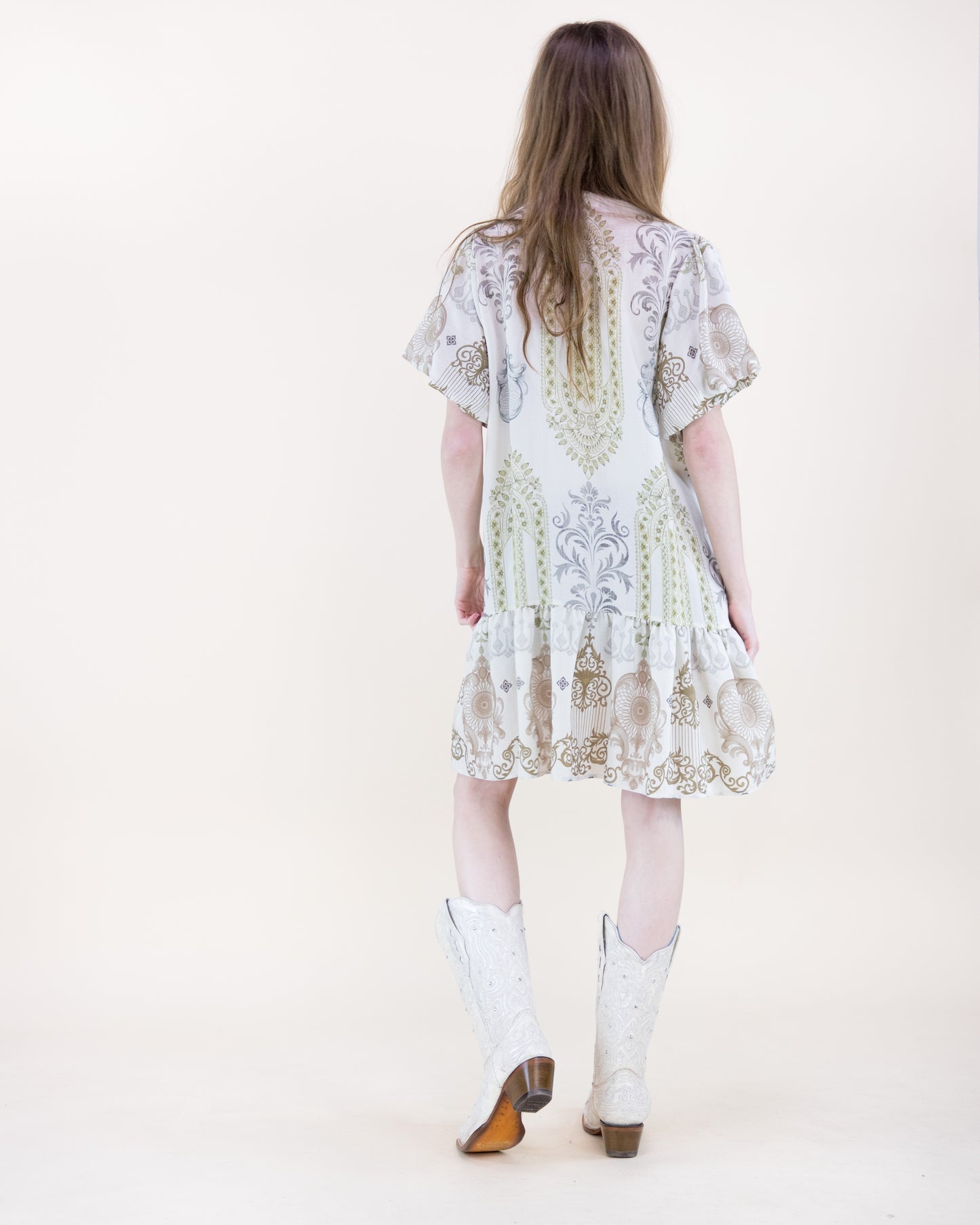 Bold Damask Puff Sleeve Midi Sundress