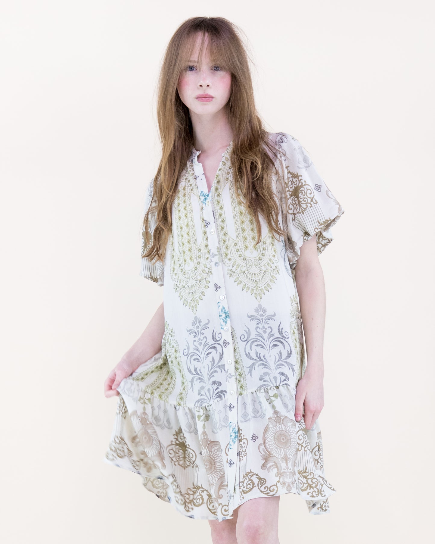 Bold Damask Puff Sleeve Midi Sundress