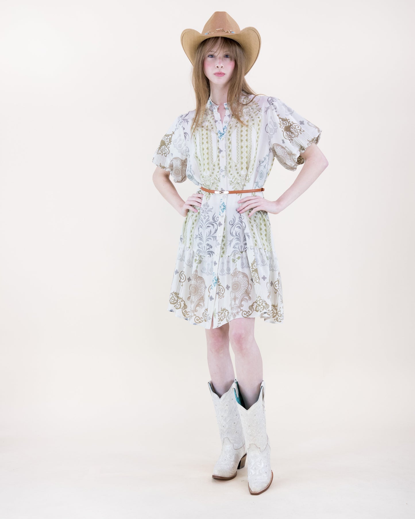 Bold Damask Puff Sleeve Midi Sundress