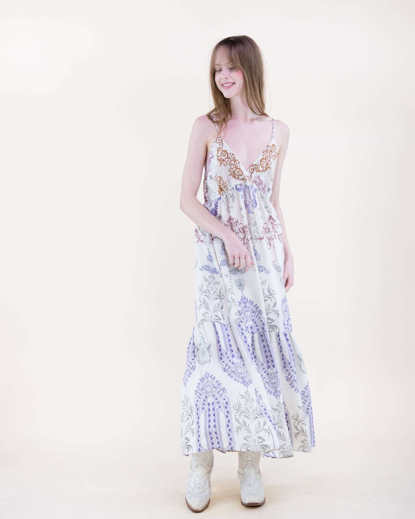 Bold Damask Strap Surplice Maxi Sundress