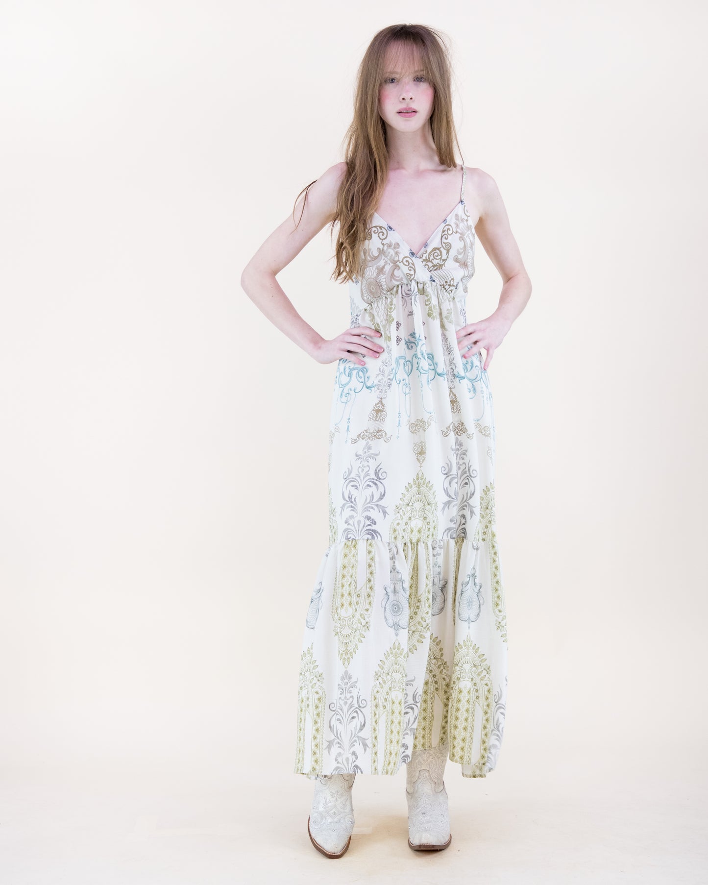 Bold Damask Strap Surplice Maxi Sundress