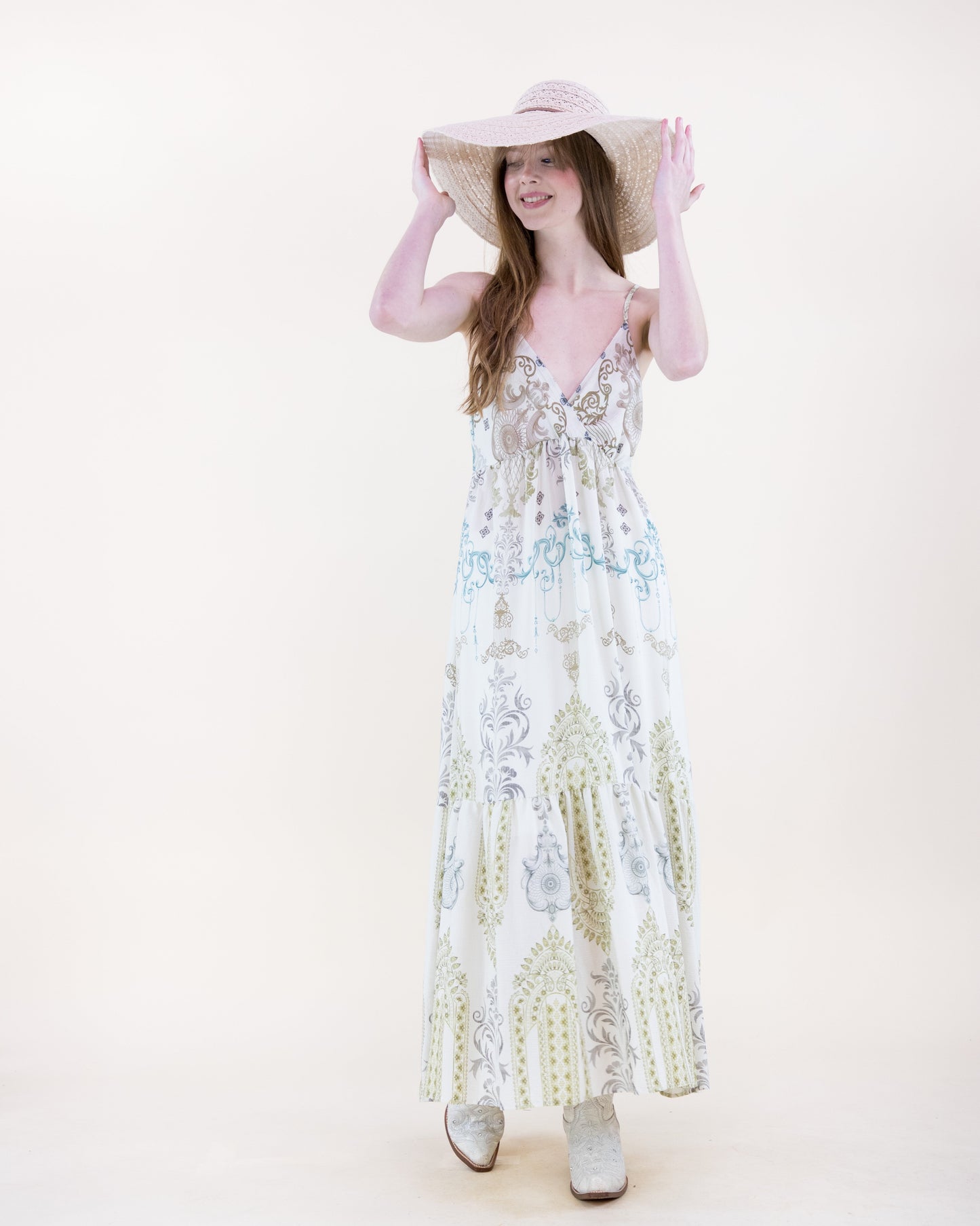 Bold Damask Strap Surplice Maxi Sundress