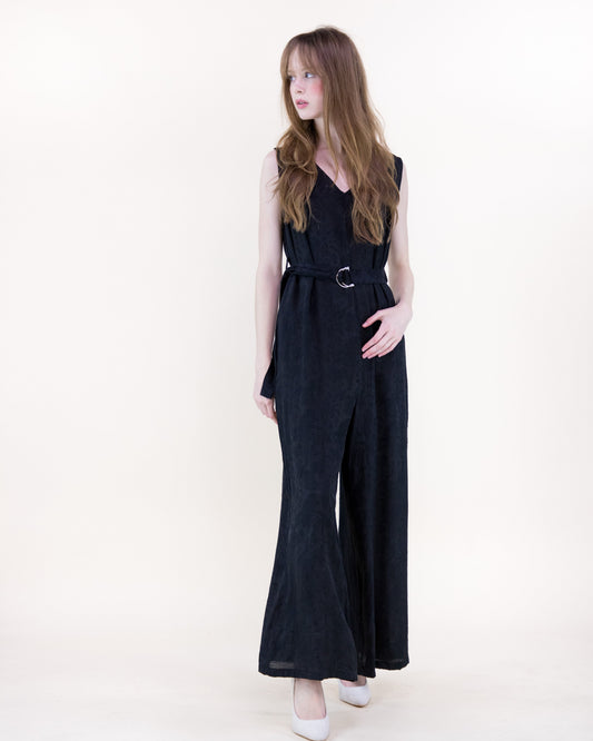 Crepe Jacquard Sleeveless Belted Jumpsuit