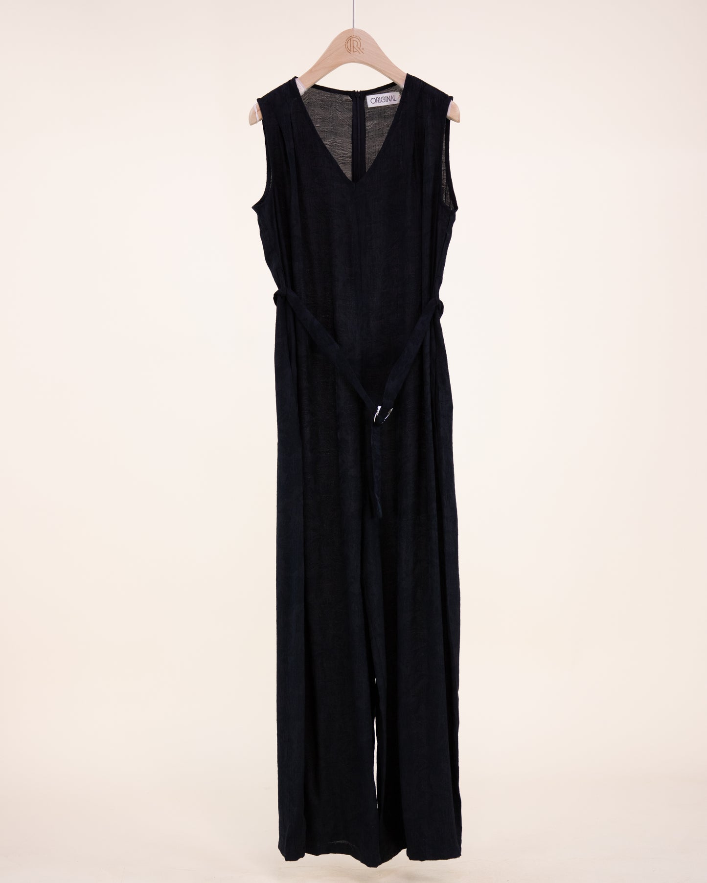 Crepe Jacquard Sleeveless Belted Jumpsuit