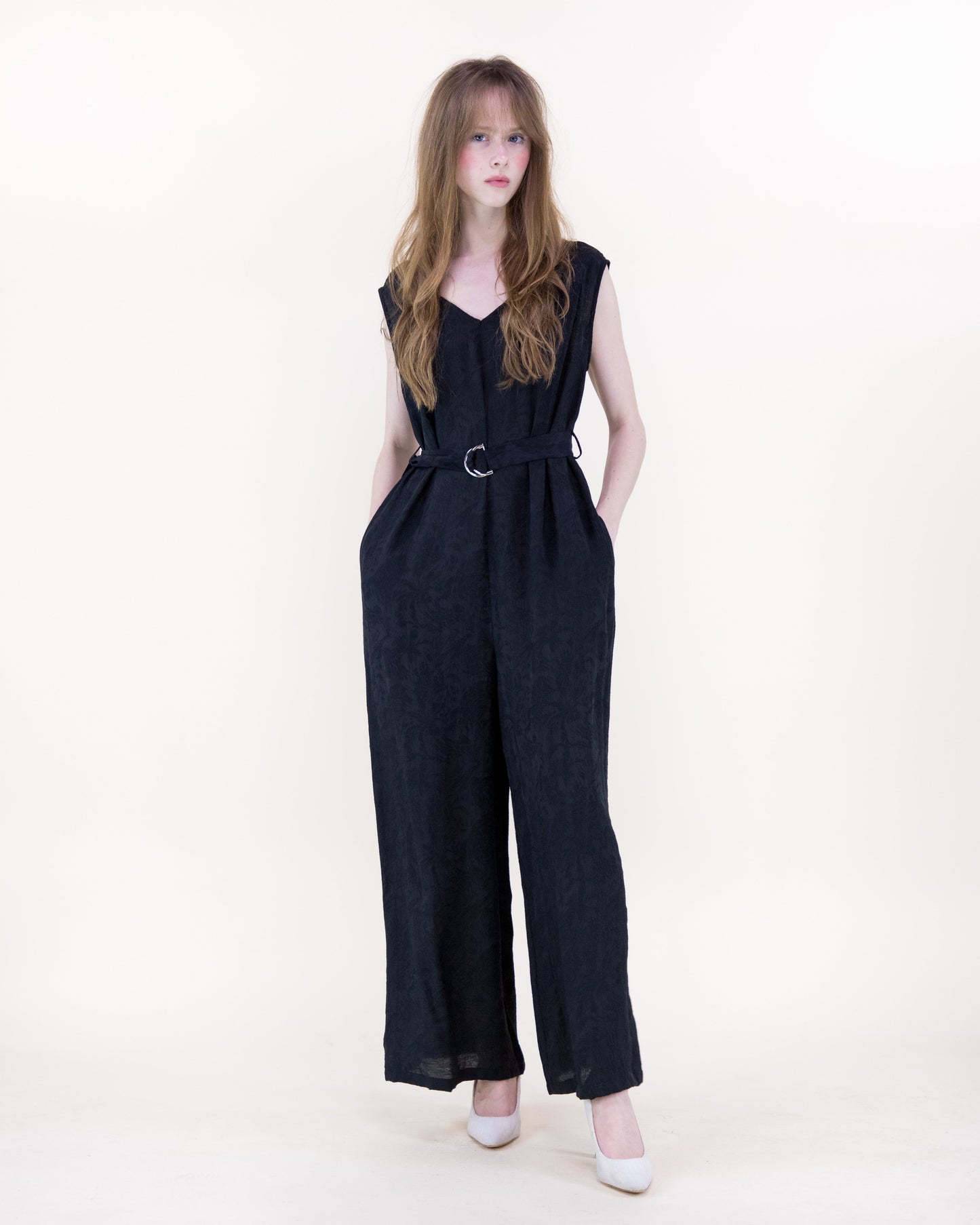 Crepe Jacquard Sleeveless Belted Jumpsuit