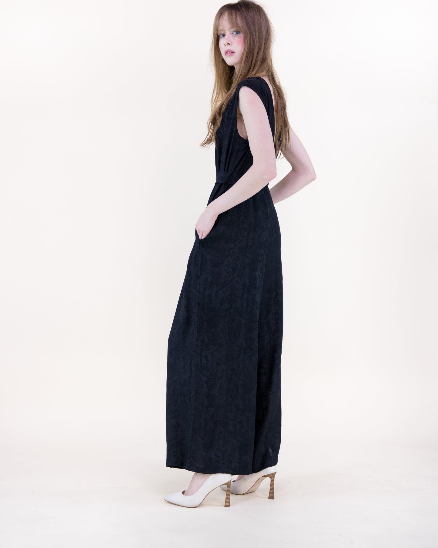 Crepe Jacquard Sleeveless Belted Jumpsuit